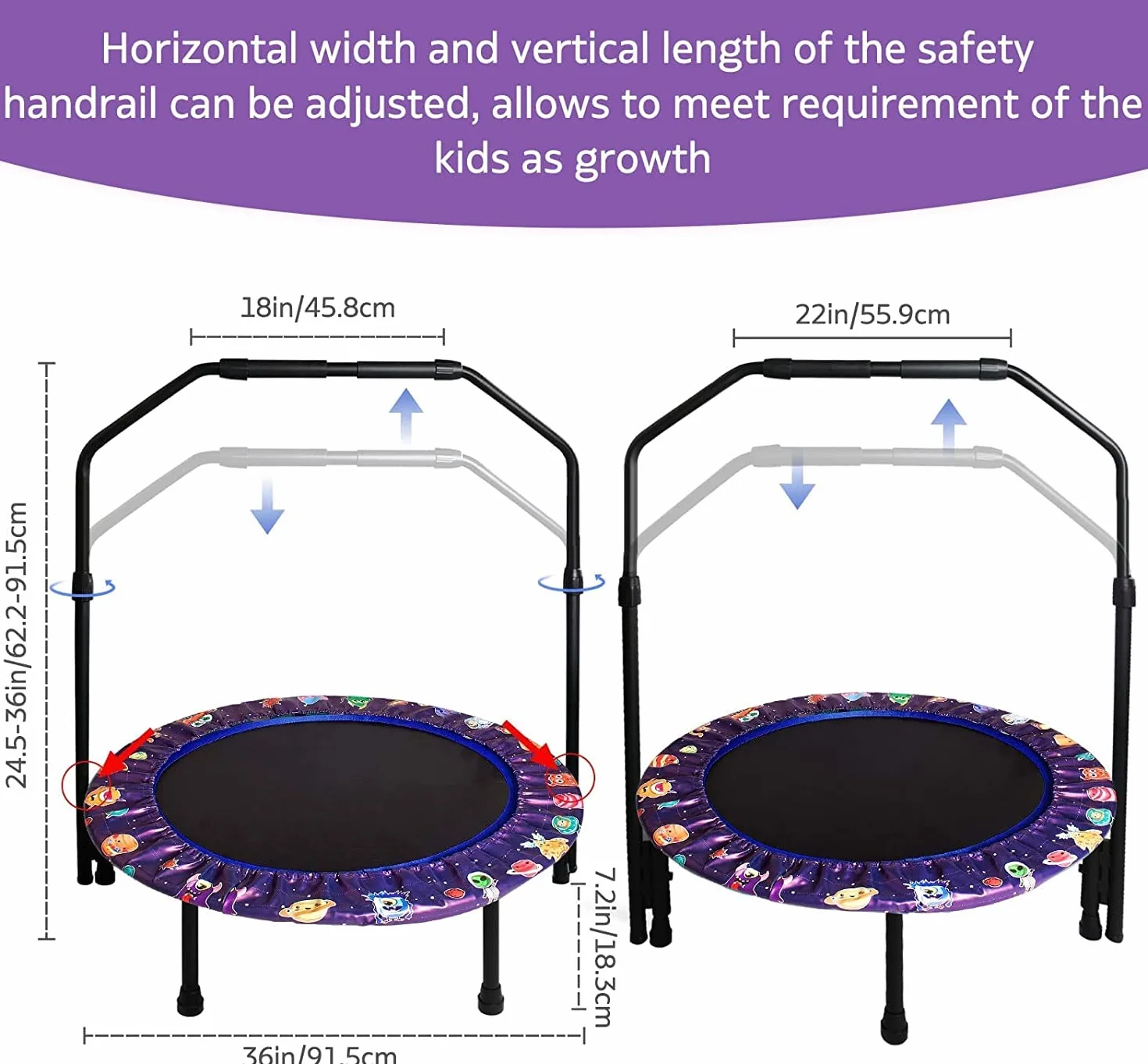 Trampolina dla dzieci, 36 cali, mini trampolina dla dzieci z regulowanym uchwytem, trampolina dla dzieci z wyściełaną osłoną bezpieczeństwa, trampolina do skakania wewnątrz lub na zewnątrz