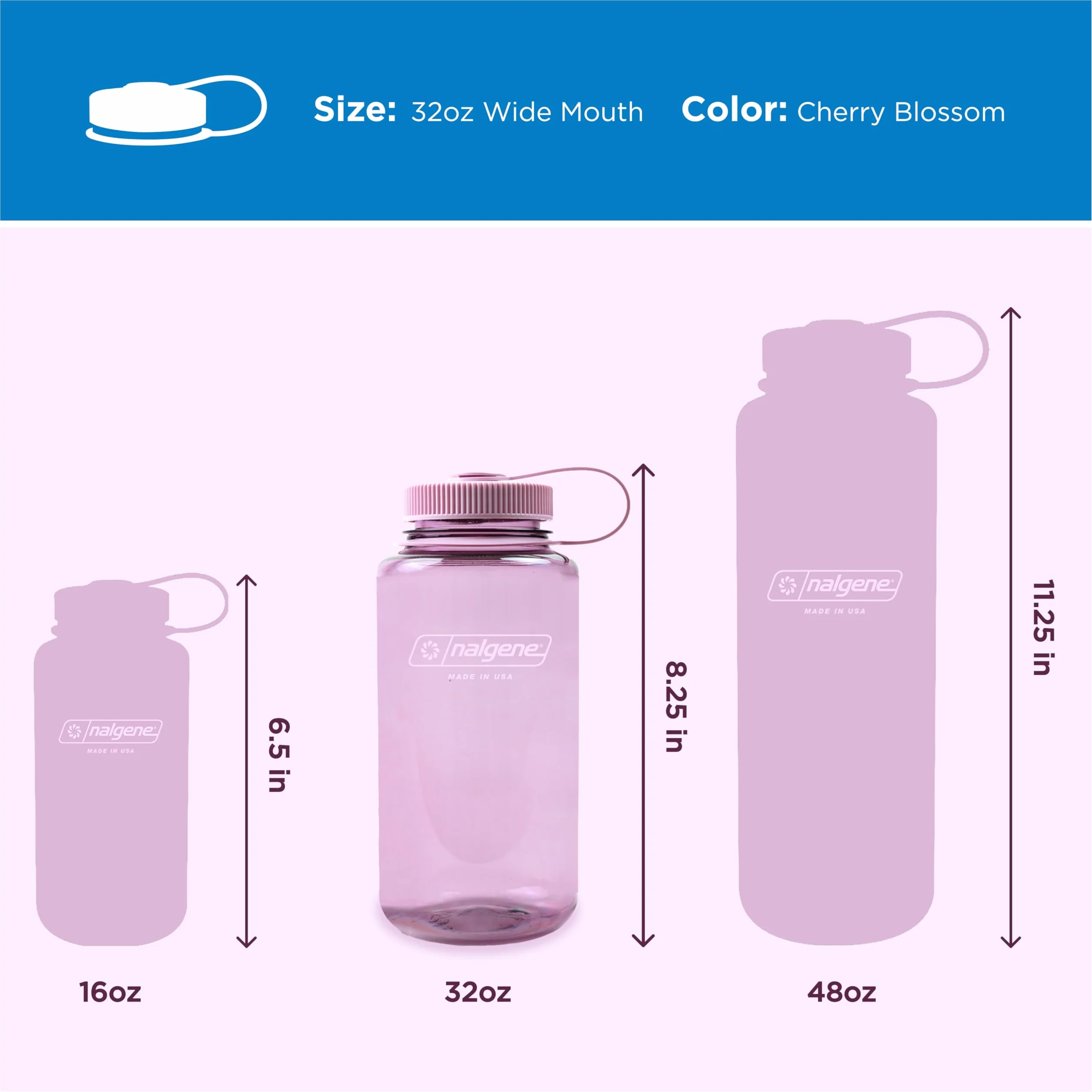 Nalgene Sustain Butelka na wodę z tritanu, bez BPA, wykonana z materiału pochodzącego w 50% z tworzywa sztucznego, 900 ml, szeroki otwór, kwiat wiśni