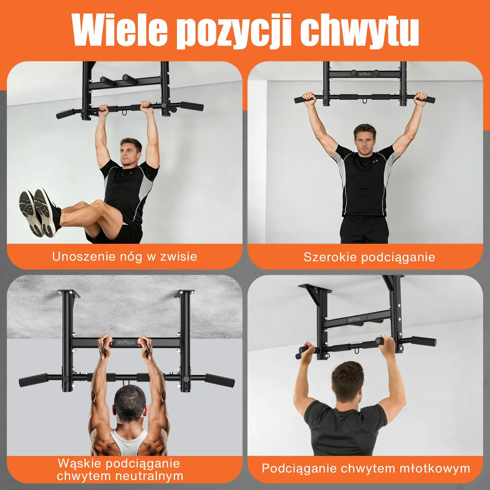 DH FitLife Drążek Sufitowy do Podciągania 4 w 1 do 300 kg | 8 Antypoślizgowych Uchwytów | 3 Punkty Mocowania | Stabilny i Bezpieczny