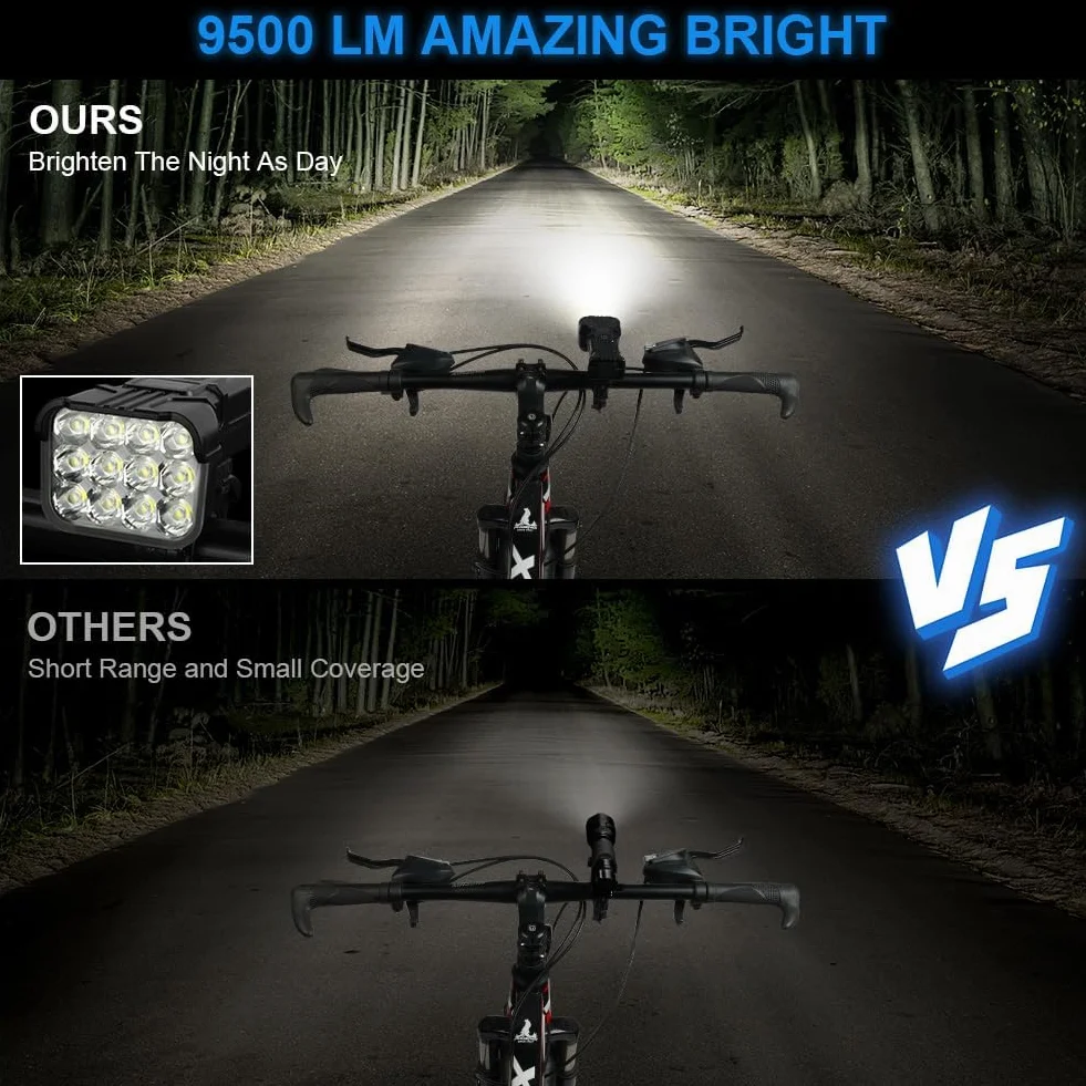 URAQT 12LED Światła rowerowe przednie i tylne, z akumulatorem, wodoodporne, IP65, 1800 mAh, 9500 l, światło rowerowe, 6+5 trybów, światło przednie z brzęczykiem, do jazdy na rowerze górskim i szosowym