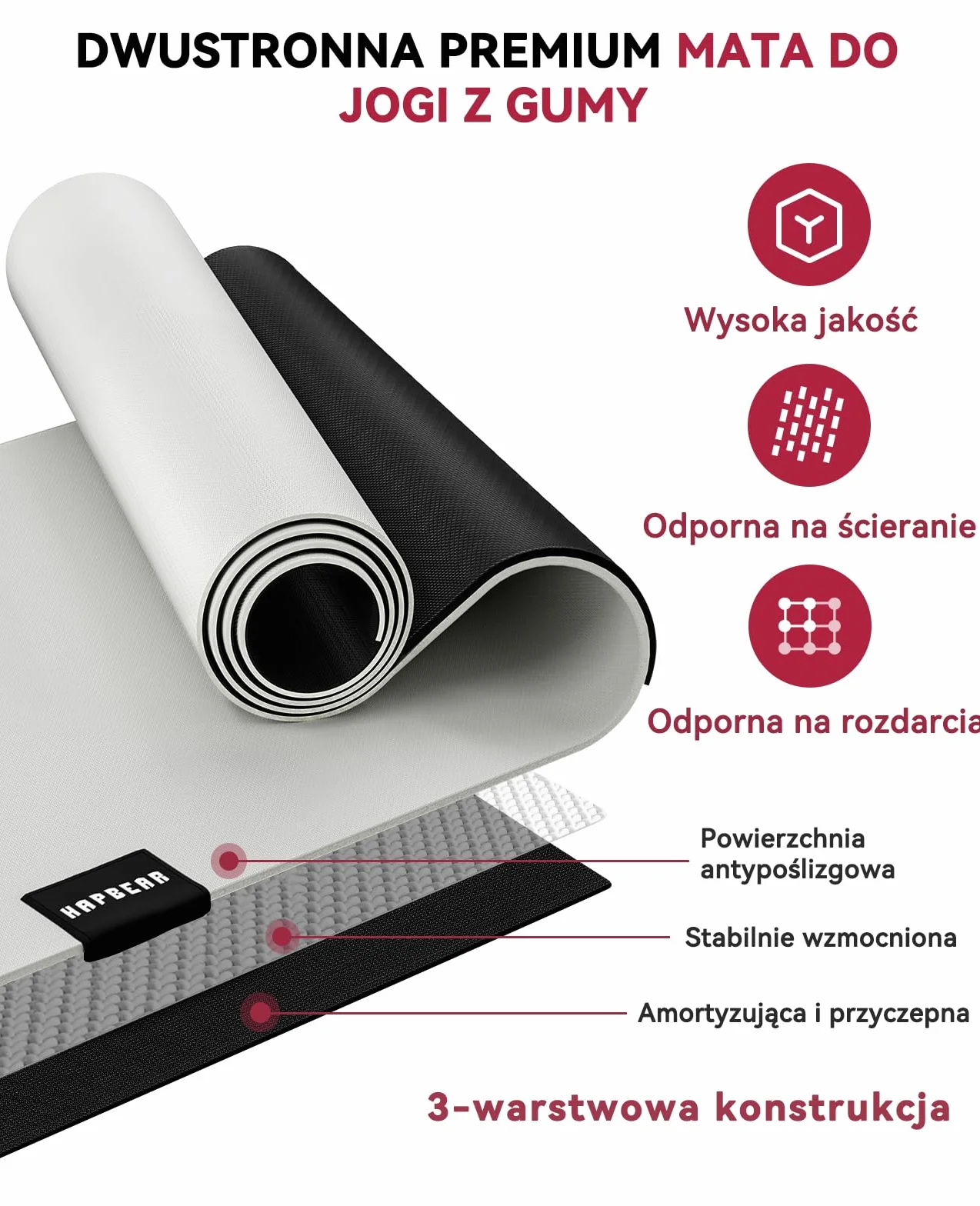 HAPBEAR Mata do jogi z kauczuku naturalnego 183x76cmx5mm, antypoślizgowa mata, z doskonałą amortyzacją do jogi i pilatesu, z torbą Oxford w zestawie