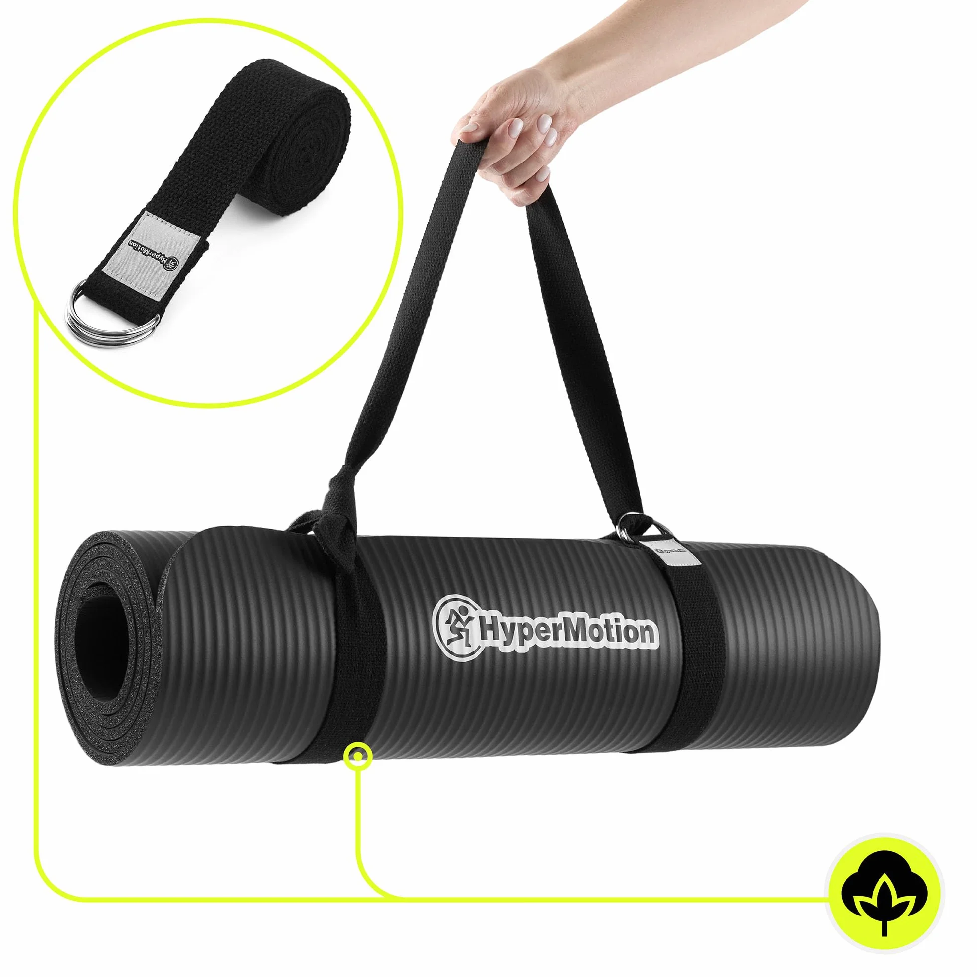 HyperMotion Mata do Ćwiczeń Fitness i Jogi NBR 183x61x0,8 cm Czarna, Antypoślizgowa, 8 mm, z Paskiem do Ćwiczeń i Przenoszenia, do Jogi, Pilatesu i Stretchingu