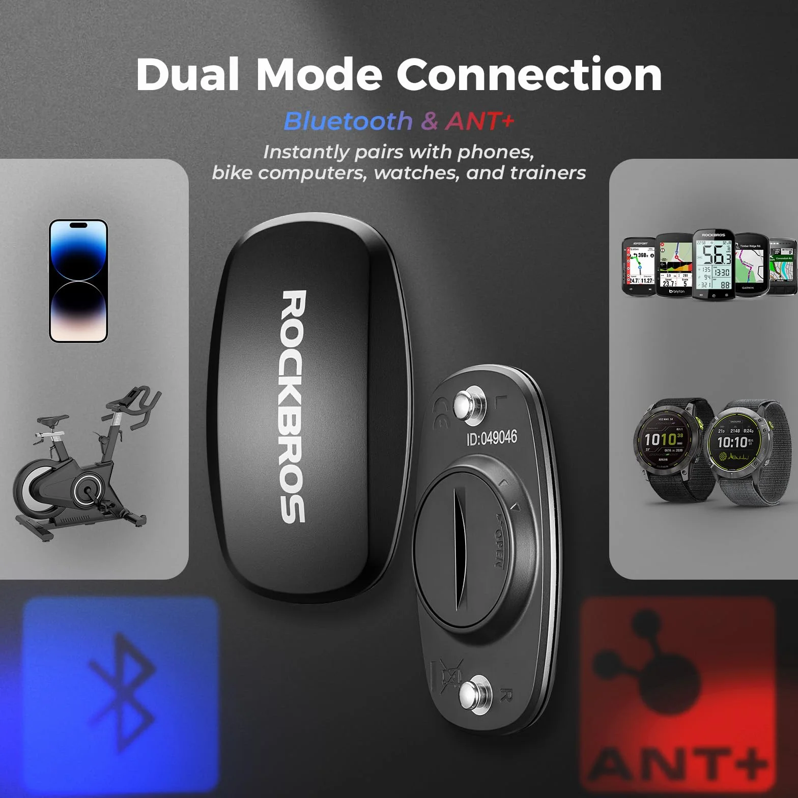 ROCKBROS Monitor tętna Bluetooth/ANT+, monitor pulsu IP67 Wodoodporny elastyczny pasek do biegania jazda na rowerze, kompatybilny z Garmin, Strava, Zwift, Wahoo, Smart Watch