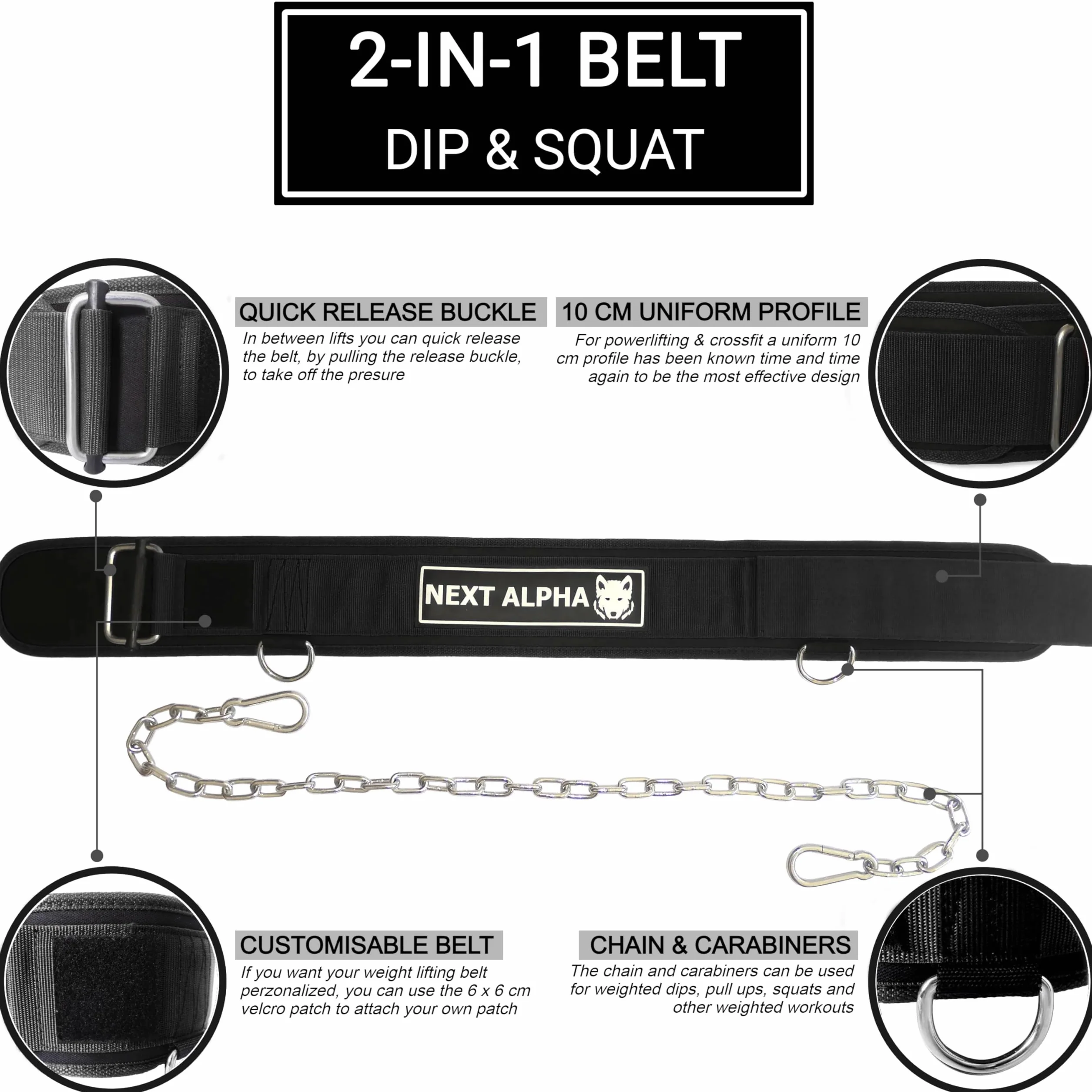 Pas do podnoszenia ciężarów i kombinacja paska do dipów – Custom Lifting Belt dla mężczyzn i kobiet – samozamykający się i z szybkim zapięciem – z łańcuszkiem