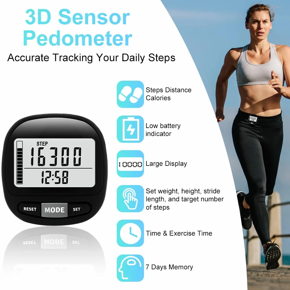 Flintronic Krokomierz 3D do chodzenia z zegarem z klipsem i smyczą, śledzi kroki w czasie rzeczywistym, krokomierz dla starszych dzieci/mężczyzn fitness/kobiet/seniorów
