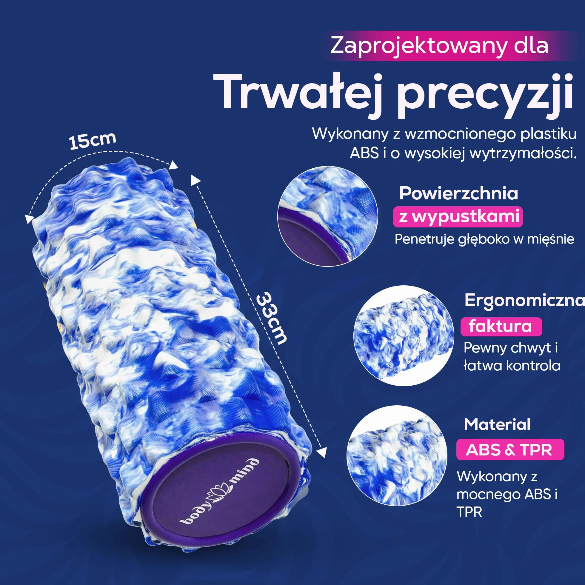 Body & Mind® rolka powięziowa, rolka masująca, rolka fitness, rolka sportowa, rolka terapeutyczna; Trening powięzi górnej części ciała, pleców i wszystkich innych grup mięśni; 33x14,5cm