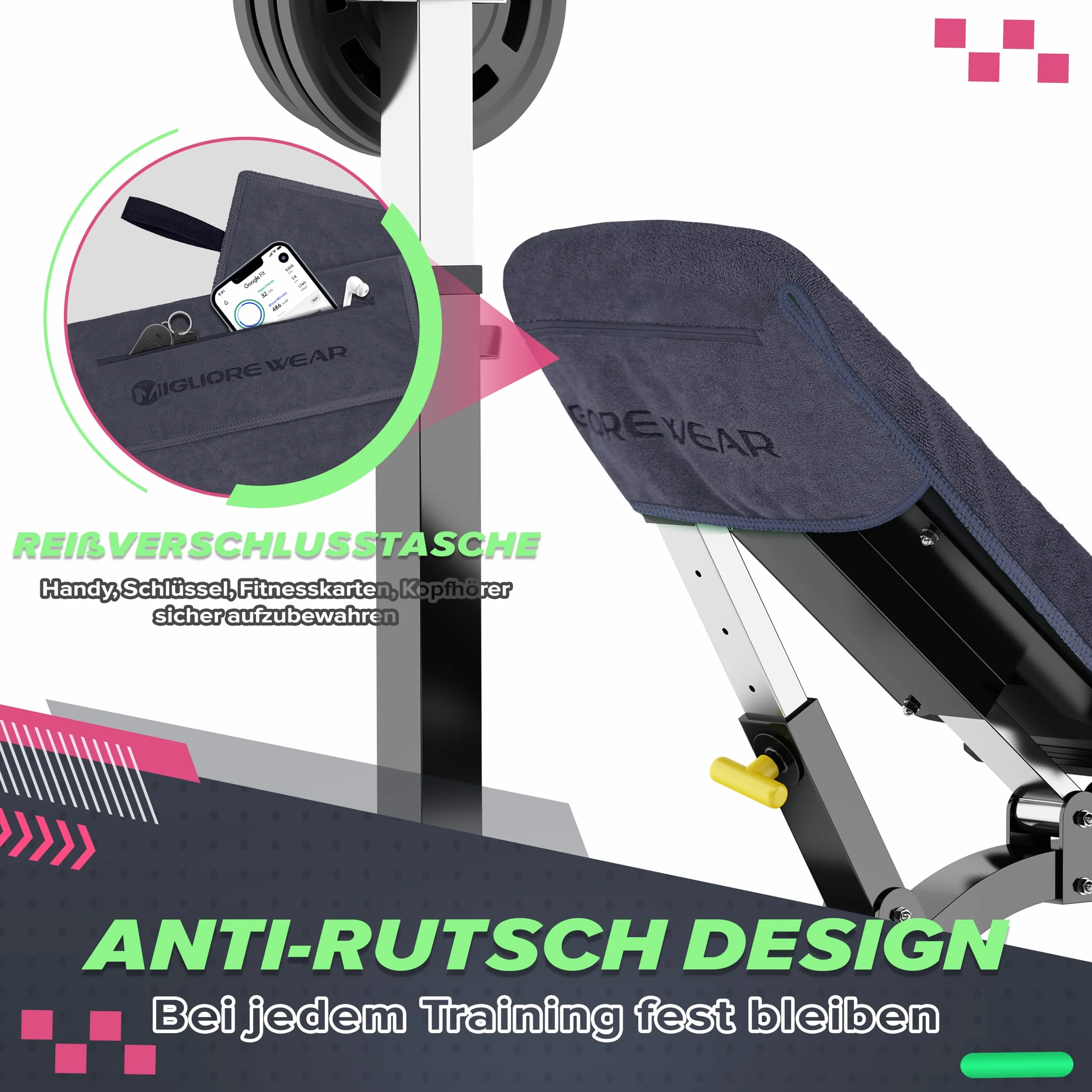Ręcznik fitness | 120 x 50 cm, sportowy ręcznik z zamkiem błyskawicznym | antypoślizgowy, szybkoschnący, sportowy ręcznik na siłownię, trening siłowniowy
