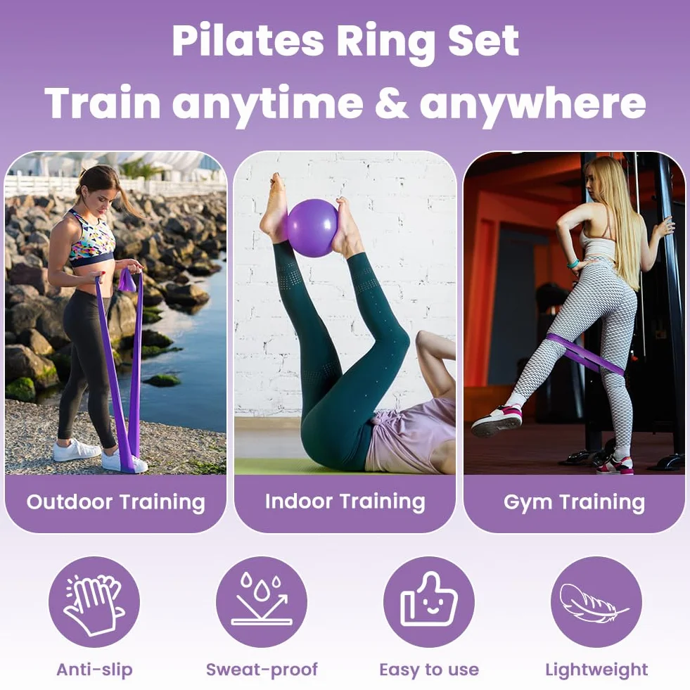 Zestaw pierścieni do pilatesu, 15''/38cm Magic Circle z podwójnymi uchwytami, 6-częściowy zestaw niezbędnych akcesoriów do pilatesu zawierający lateksową taśmę oporową, piłkę do jogi, elastyczny