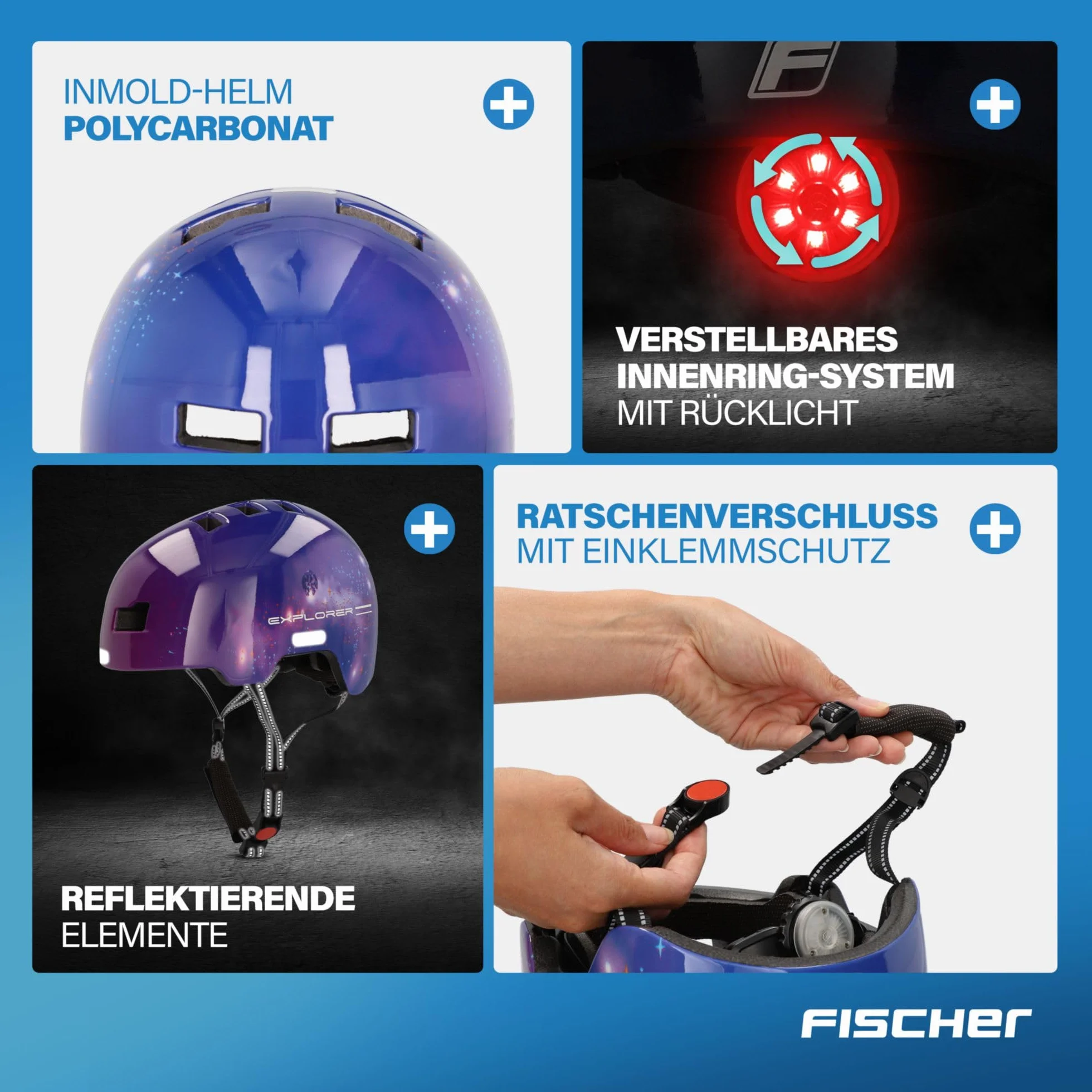 FISCHER BMX kask rowerowy, kask rowerowy Dirt Bike Plus Explorer, S/M, 54-59 cm, niebieski, z wbudowanym tylnym światłem LED
