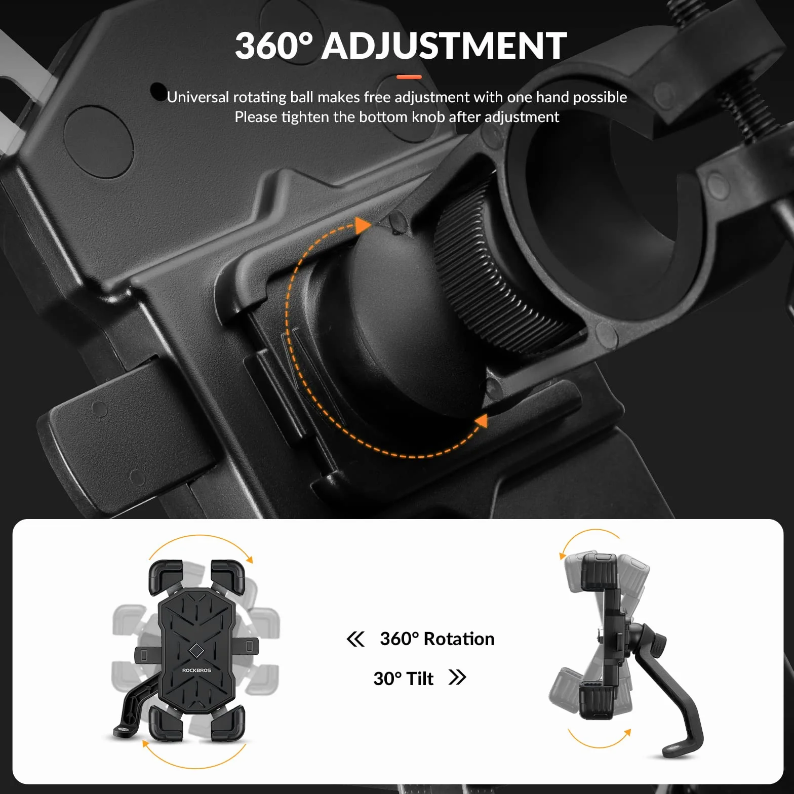 ROCKBROS Uchwyt Rowerowy na Telefon, Stabliny, Wstrząsoodporny, Regulowany 360°, Uniwersalny 4.5-7.5 cala