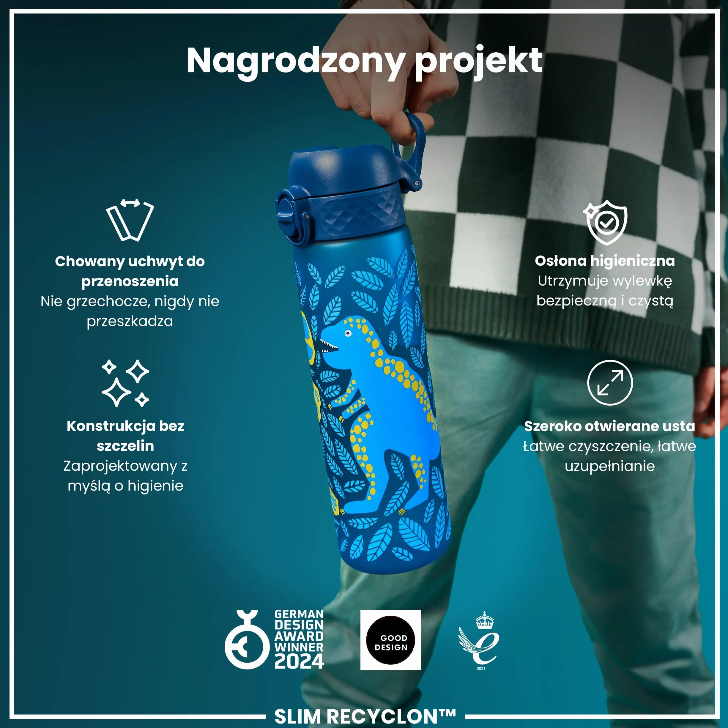ION8 Butelka na Wodę, 500 ml/18 oz, Szczelna, Łatwe Otwieranie, Bezpieczny Zamek, Można Myć w Zmywarce, Bez BPA, Higieniczne Pokrycie, Uchwyt do Przenoszenia, Łatwa Czyszczenie, Bezwonny, Dinozaury