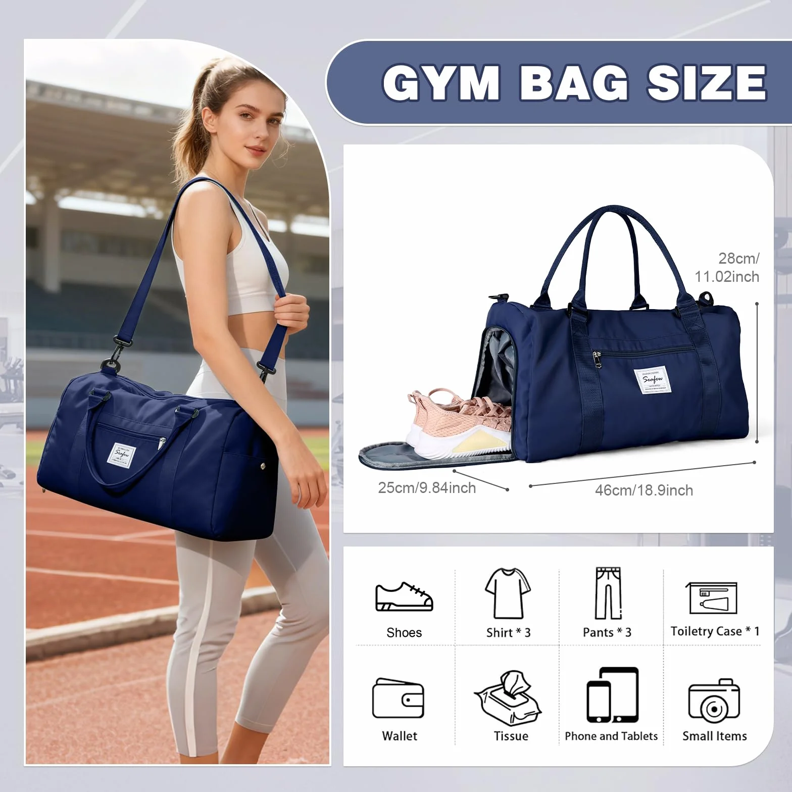 Torba Sportowa Damska Męska Podróżna Wodoodporna z Kieszenią na Buty A4 Królewski Niebieski