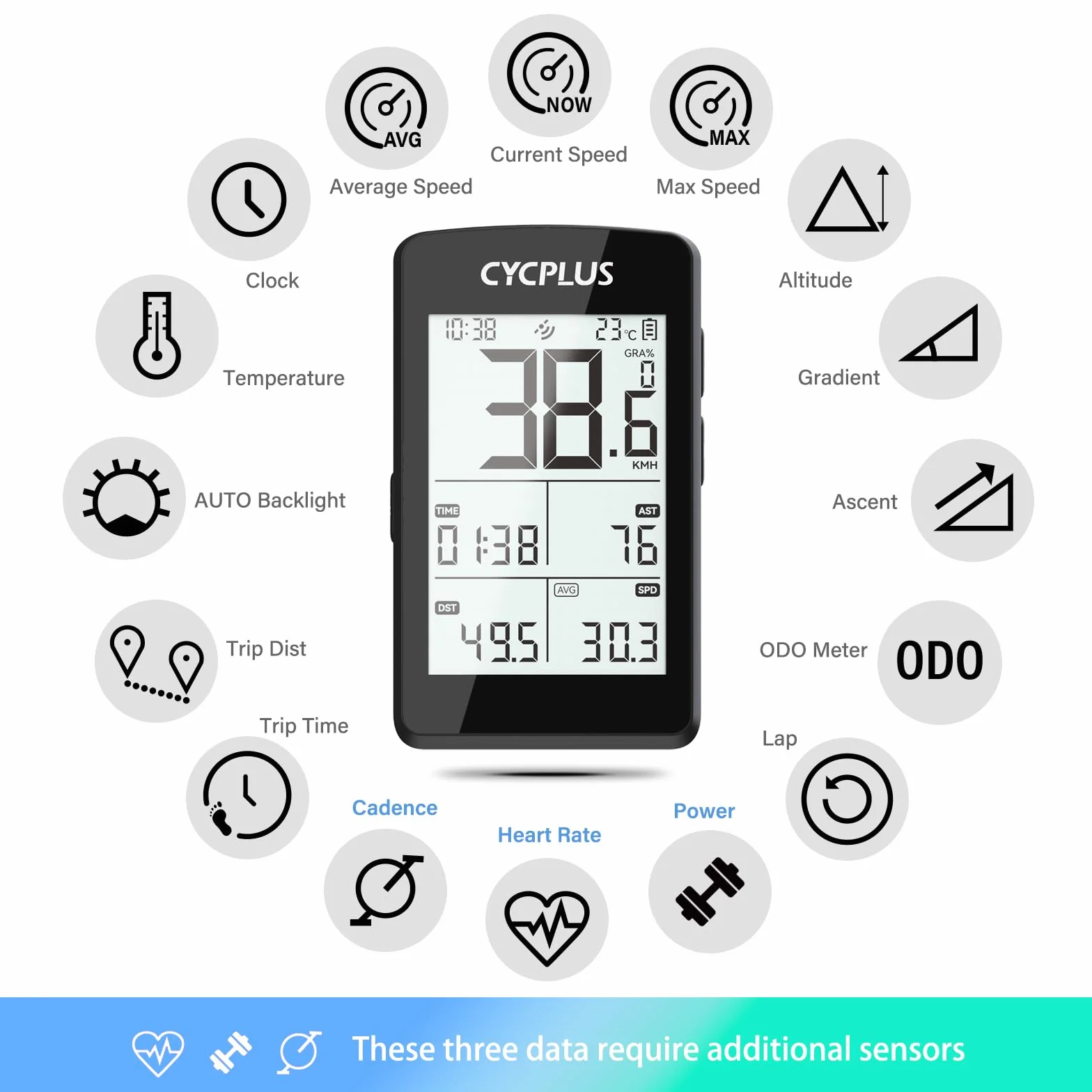 CYCPLUS Komputer rowerowy GPS bezprzewodowy, ANT+ komputer rowerowy GPS z Bluetooth, ekran LCD 2,8 cala, wytrzymałość baterii 100 godzin, prędkościomierz rowerowy z automatycznym podświetleniem