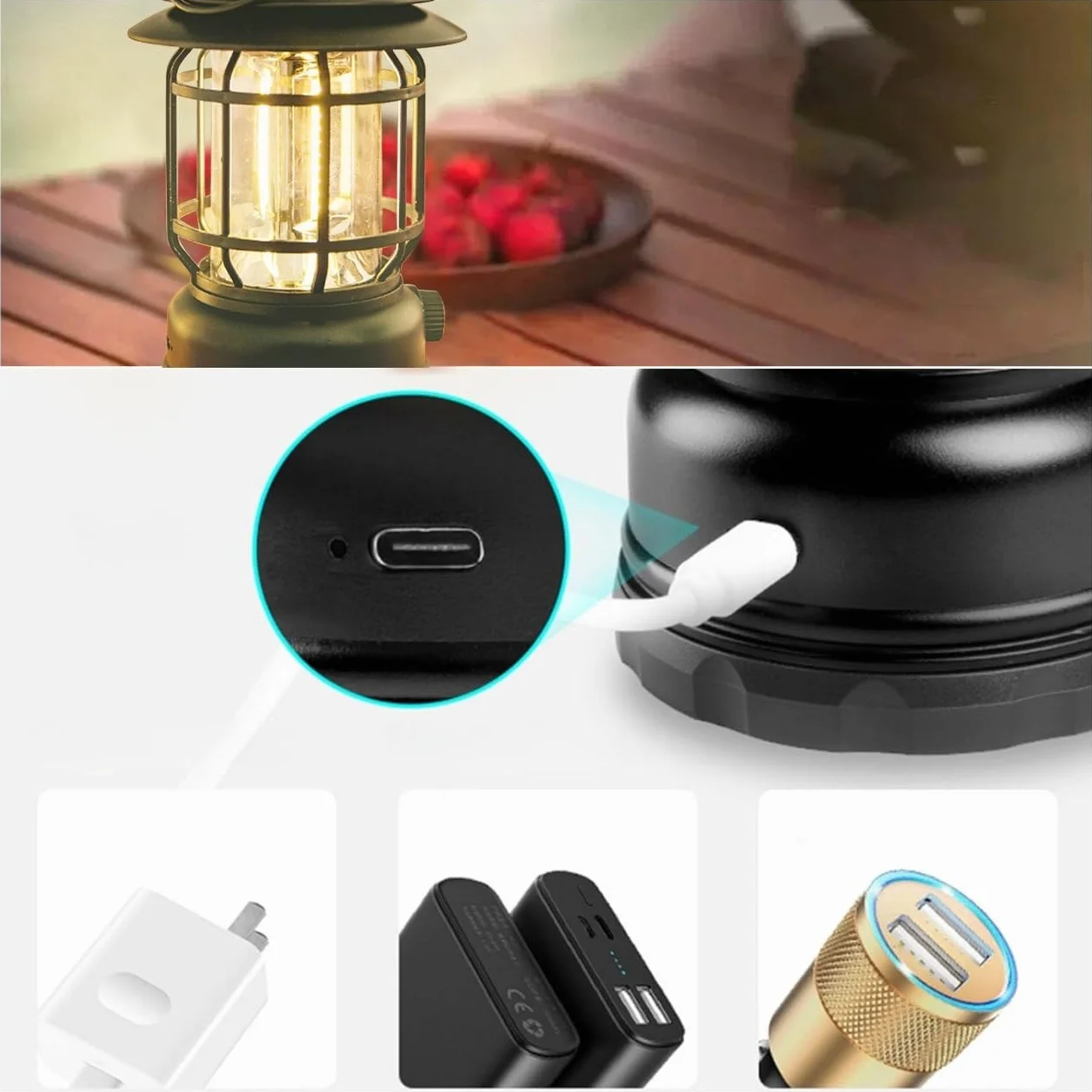 Latarnia kempingowa LED przenośna z możliwością ładowania USB-C wodoodporna vintage oświetlenie 360° bezstopniowe przyciemnianie