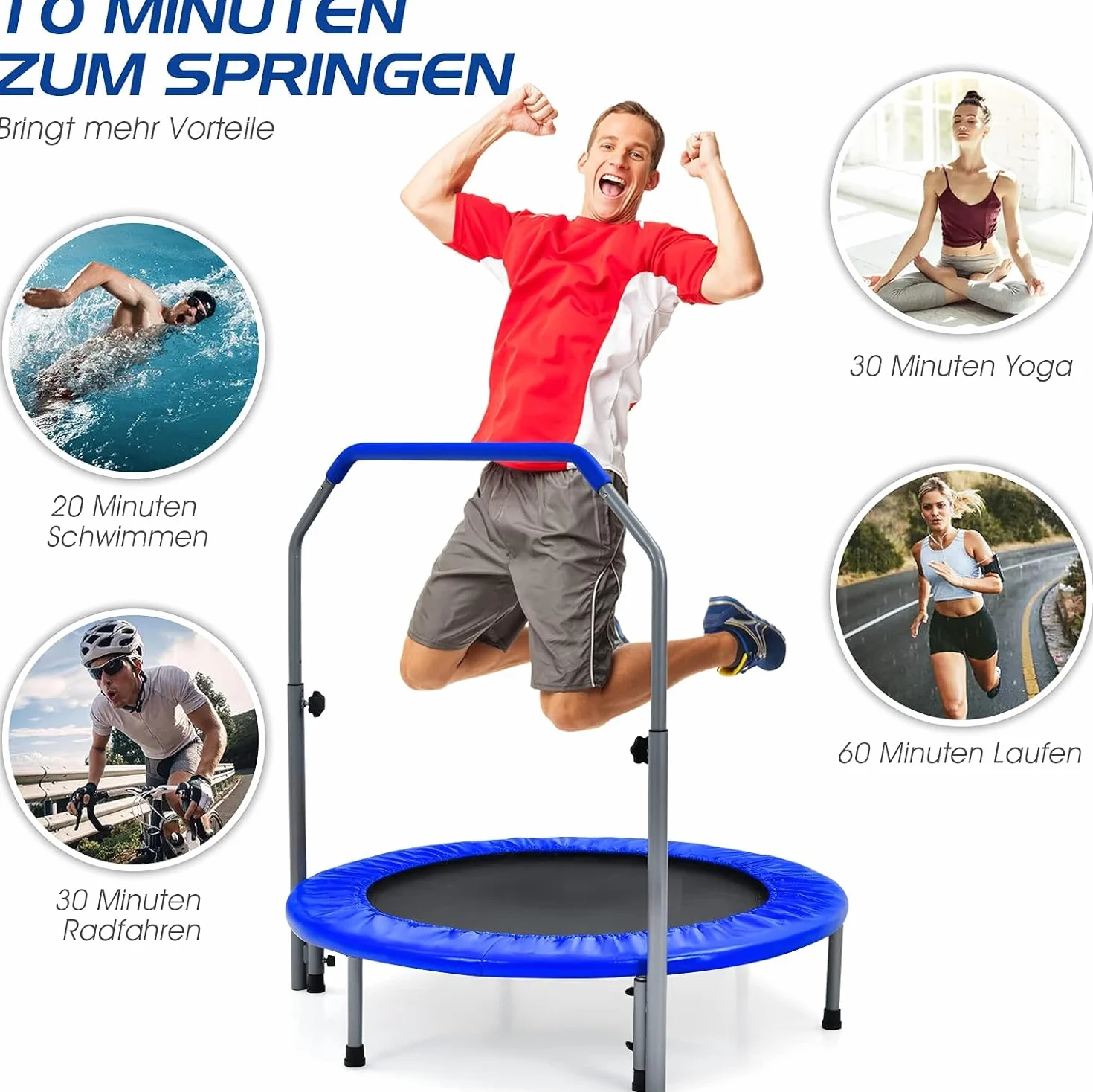 FANTASK φ101 cm mini trampolina, obciążenie do 150 kg, składana, trampolina ogrodowa dla dorosłych i dzieci, z uchwytem o regulowanej wysokości