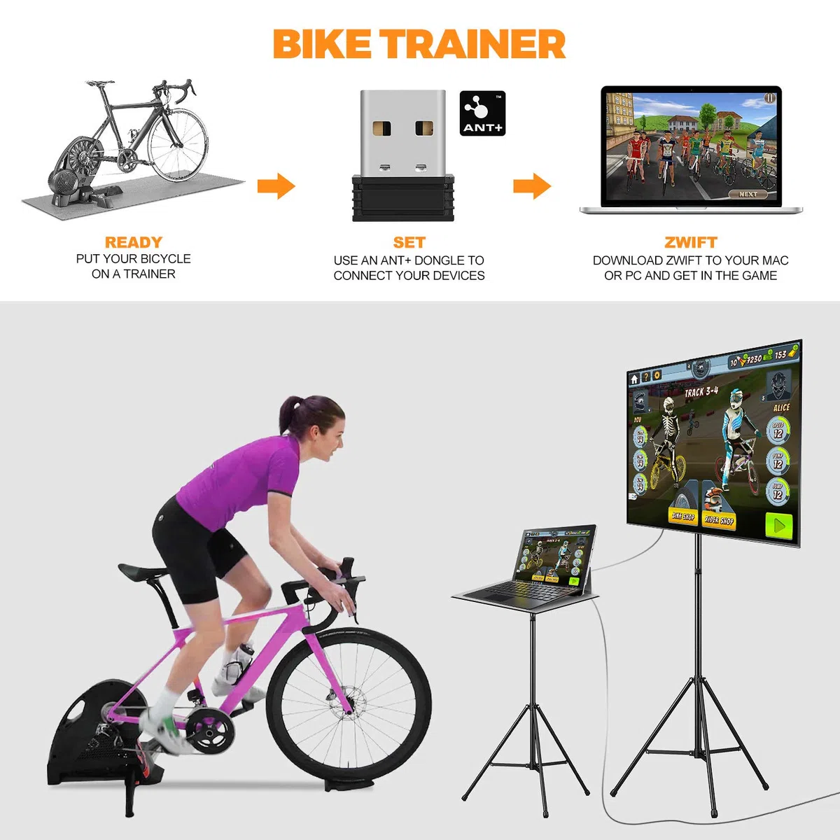 ANT+ adapter USB odbiornik ANT Stick do Zwift, TacX, Wahoo, The Sufferfest, TrainerRoad, CycleOps Virtual Trainer, Rouvy, praca z trenażerem rolkowym