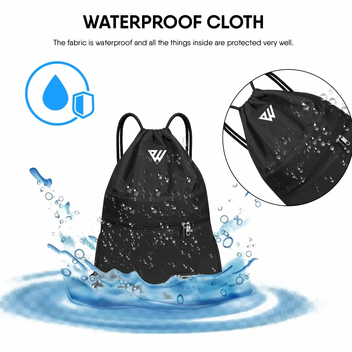 WESTWOOD FOX Torba ze sznurkiem, wodoodporna torba sportowa z tkaniny typu oxford, unisex, duża, sportowy plecak ze sznurkiem, idealna do szkoły, podróży, pływania, wakacji, (Black)