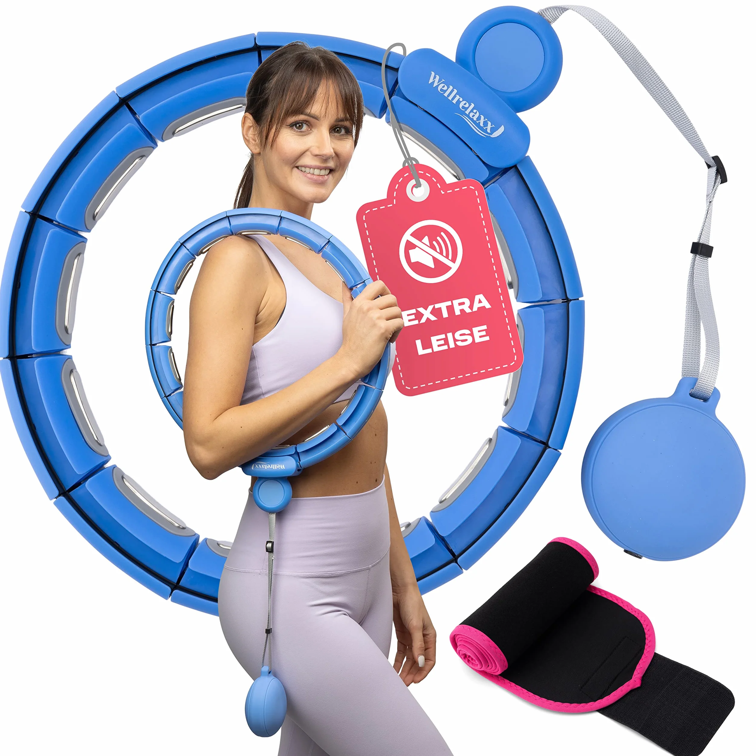 WELLRELAXX Smart hula hop cicha | obwód do 113 cm | hula hop dla dorosłych | hula hop z kulką obciążającą | hula hop do odchudzania z paskiem do odchudzania – chroni skórę i ubranie