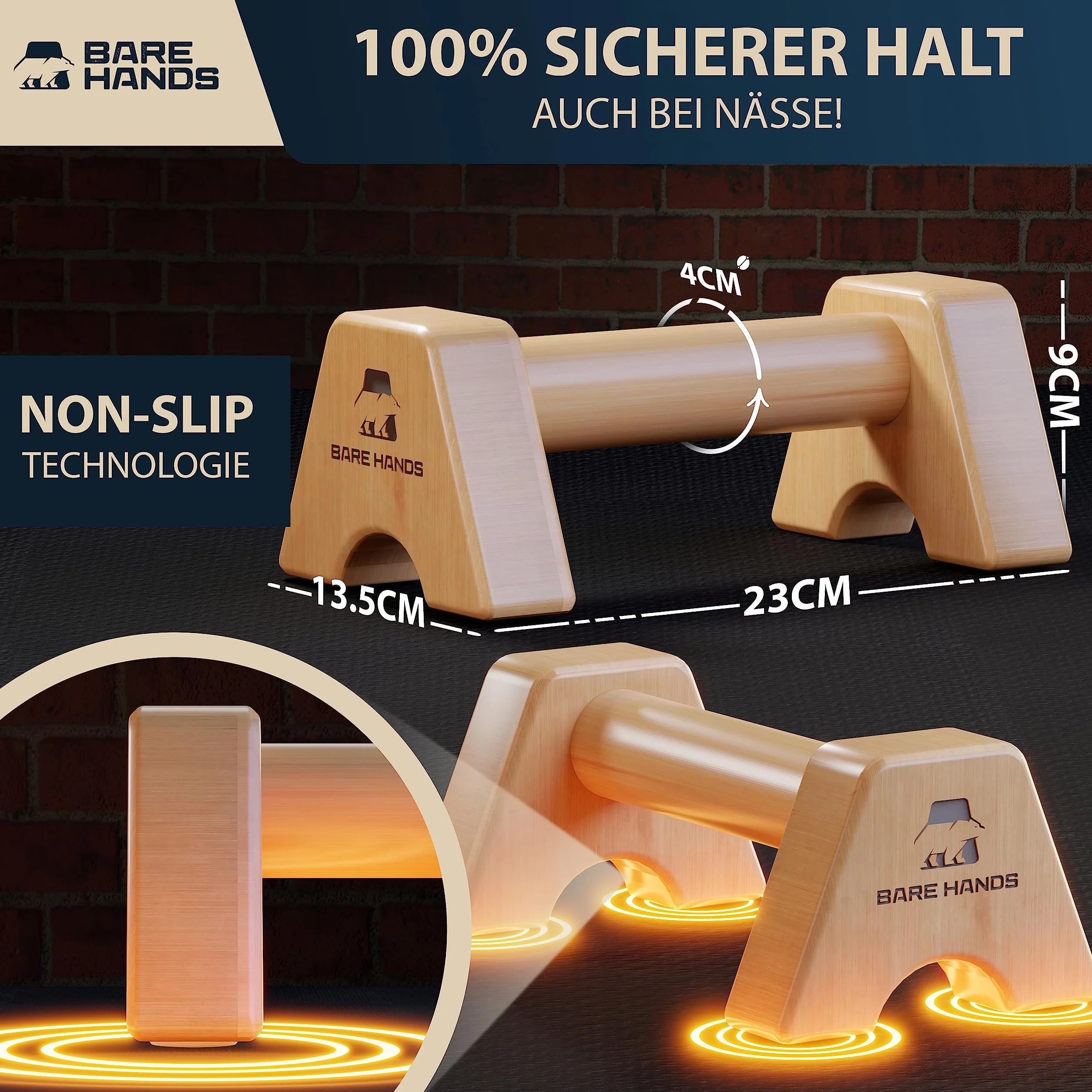 BARE HANDS Uchwyty do pompek – 2 x chroniące stawy i antypoślizgowe drewniane uchwyty do pompek – Calisthenics Equipment do użytku wewnątrz i na zewnątrz – idealne do stania na dłoni i pompek