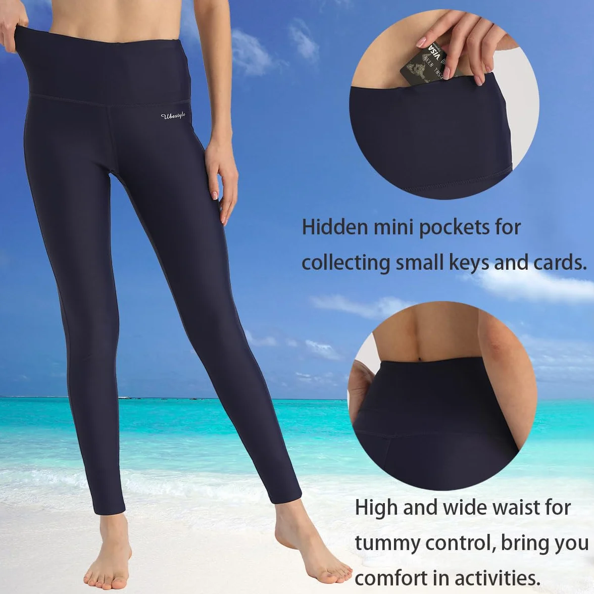 Ubestyle UPF 50+ damskie spodnie kąpielowe z wysokim stanem, legginsy do pływania, spodnie chroniące przed słońcem