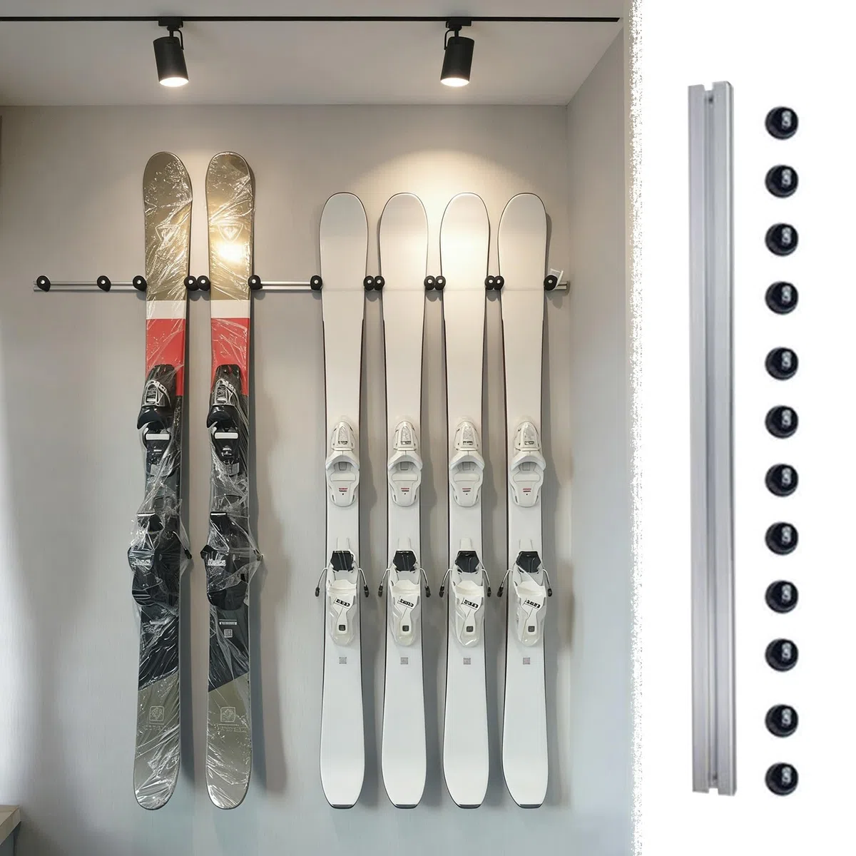 Stojak na Narty Przesuwny Stojak na Snowboard z Szyną i Wieszakiem, Mobilny Uchwyt Ścienny na Deskorolkę o Długości 0,4–2 m, Uchwyty na Narty Mocowane na Hak(0.8m(2.1ft)+12inserts)