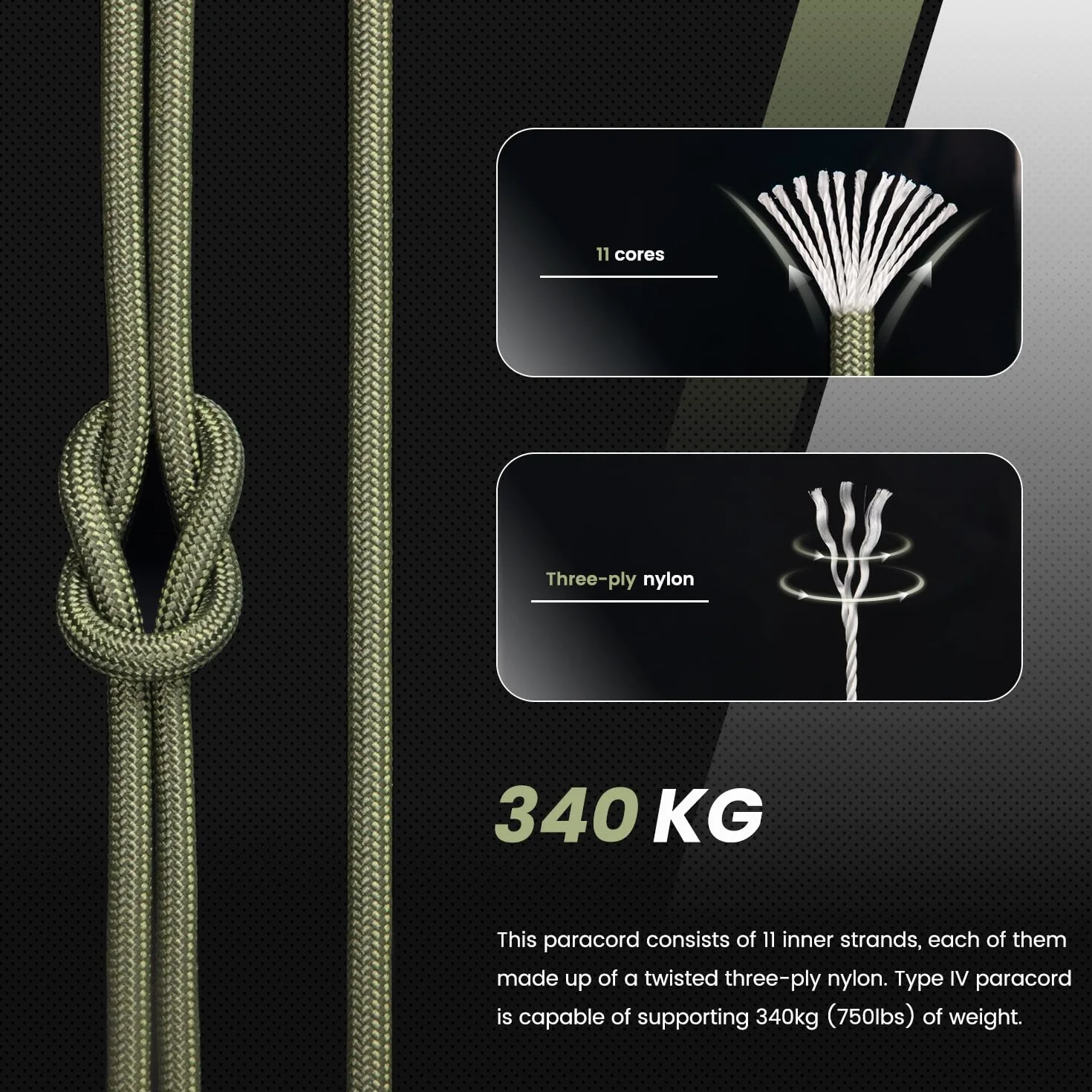 Abma Cord Paracord 750lb 4mm 30m 100% Nylonowa Sznurek Linka 11-żyłowa Typ IV do Biwakowania, Majsterkowania, Zewnątrz, Survivalowy - Max. 340kg (750lb) - Zielony wojskowy