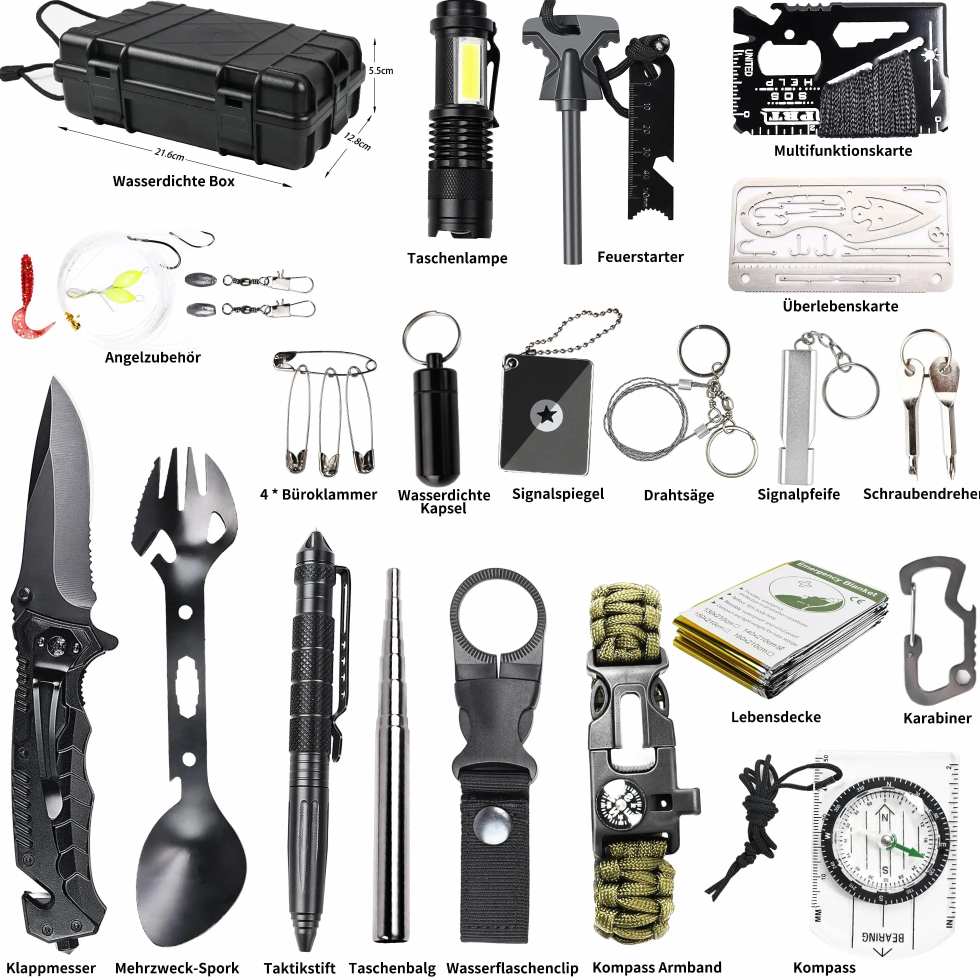 FINIBO Zestaw survivalowy 21 w 1, wyposażenie outdoorowe, zestaw awaryjny z kompasem, latarka taktyczna i inne akcesoria, na kemping, do bushcraftu, wędrówek, polowań, przygód, czarny, 20,6 x 12,8 x