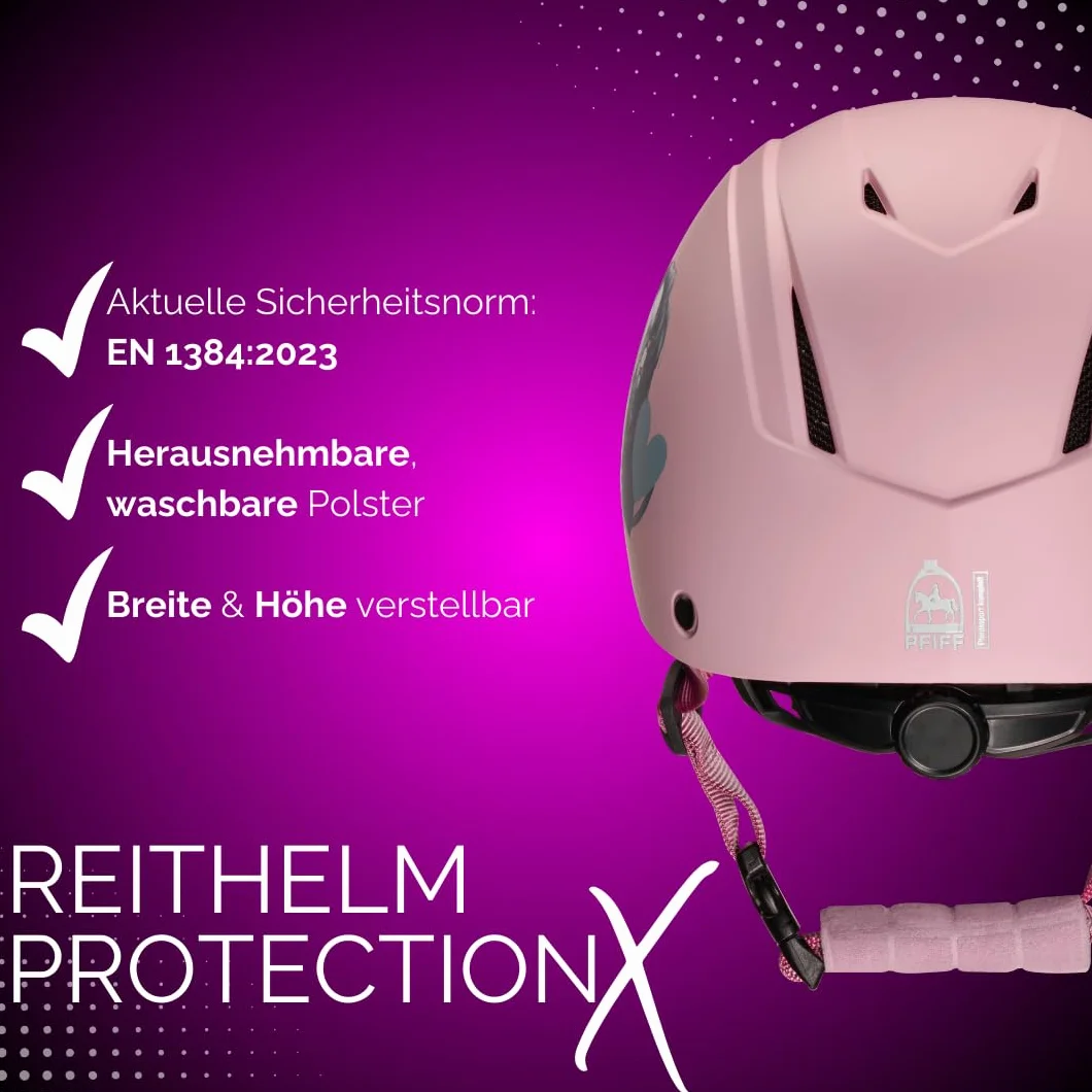 PFIFF 103119 Kask jeździecki ProtectionX dziecięcy regulowany rozmiar 48-52 cm XS 52-56 cm S niebieski czarny różowy