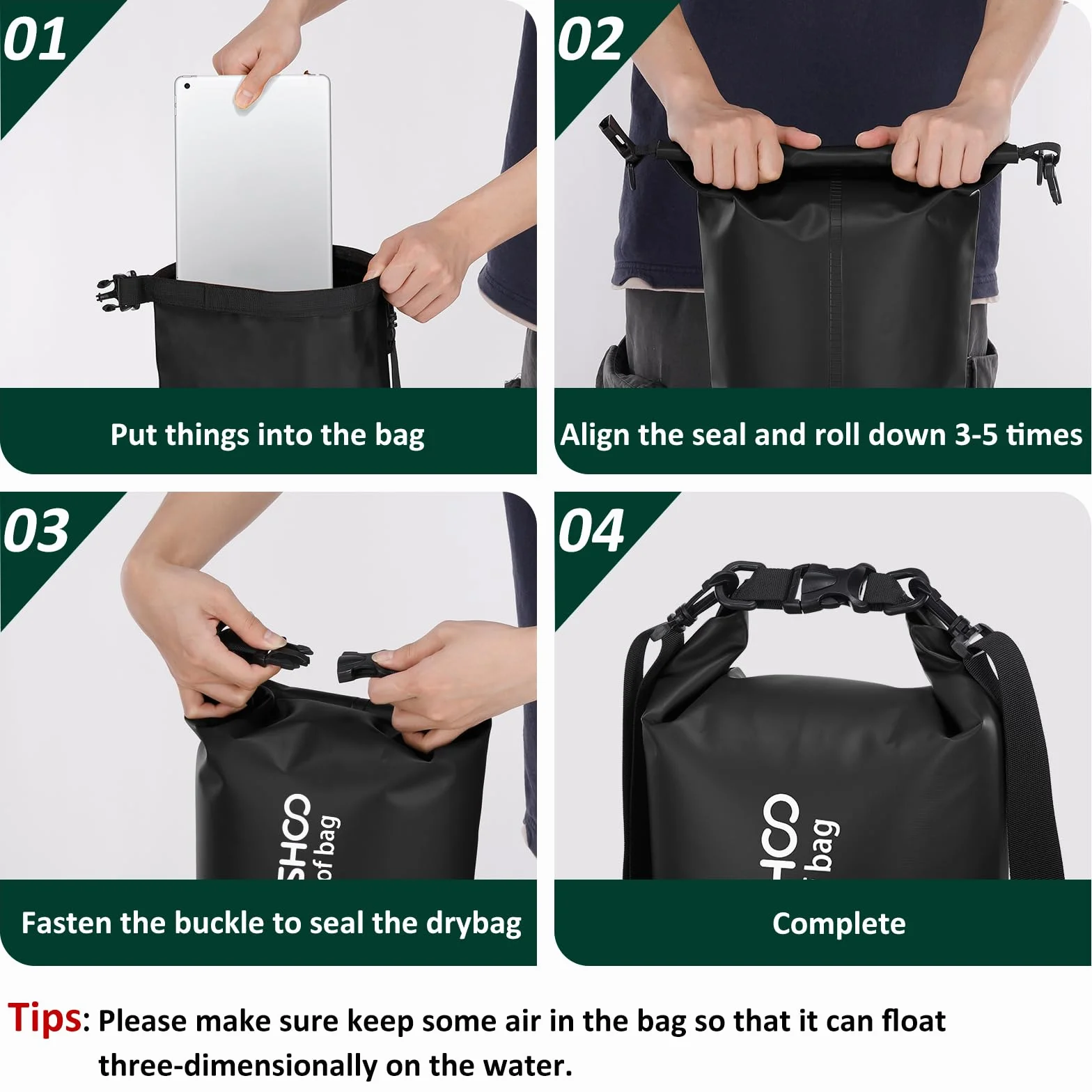 TOMSHOO Dry Bag Set, Wodoodporny Plecak 10L/20L z Wodoodpornym Pokrowcem i Kieszeń na Telefon Komórkowy, Regulowany Pasek na Ramię, Wodoodporny Plecak na Spływy Kajakowe, 20L, Czarny
