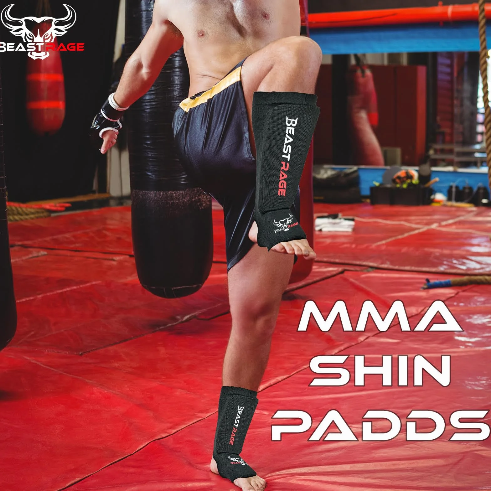 BEAST RAGE Ochraniacze goleni do Muay Thai, Kickboxingu, MMA, Taekwondo, Boksu, Elastyczne skarpety na nogi