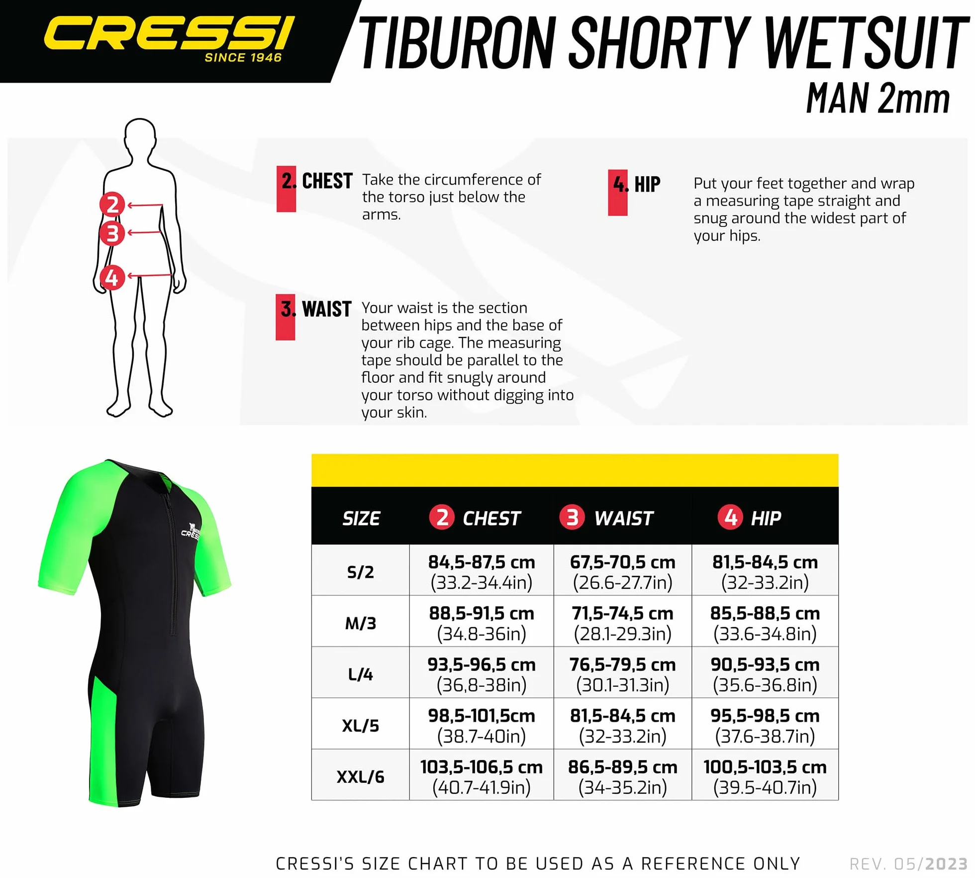 CRESSI Tiburon Man Shorty Wetsuit Black/Fluo Lime 2mm 2XL/6 - Męski kombinezon neoprenowy i elastanowy krótki kombinezon YKK zamek błyskawiczny z przodu - czarny/fluo limonkowy, XXL/6