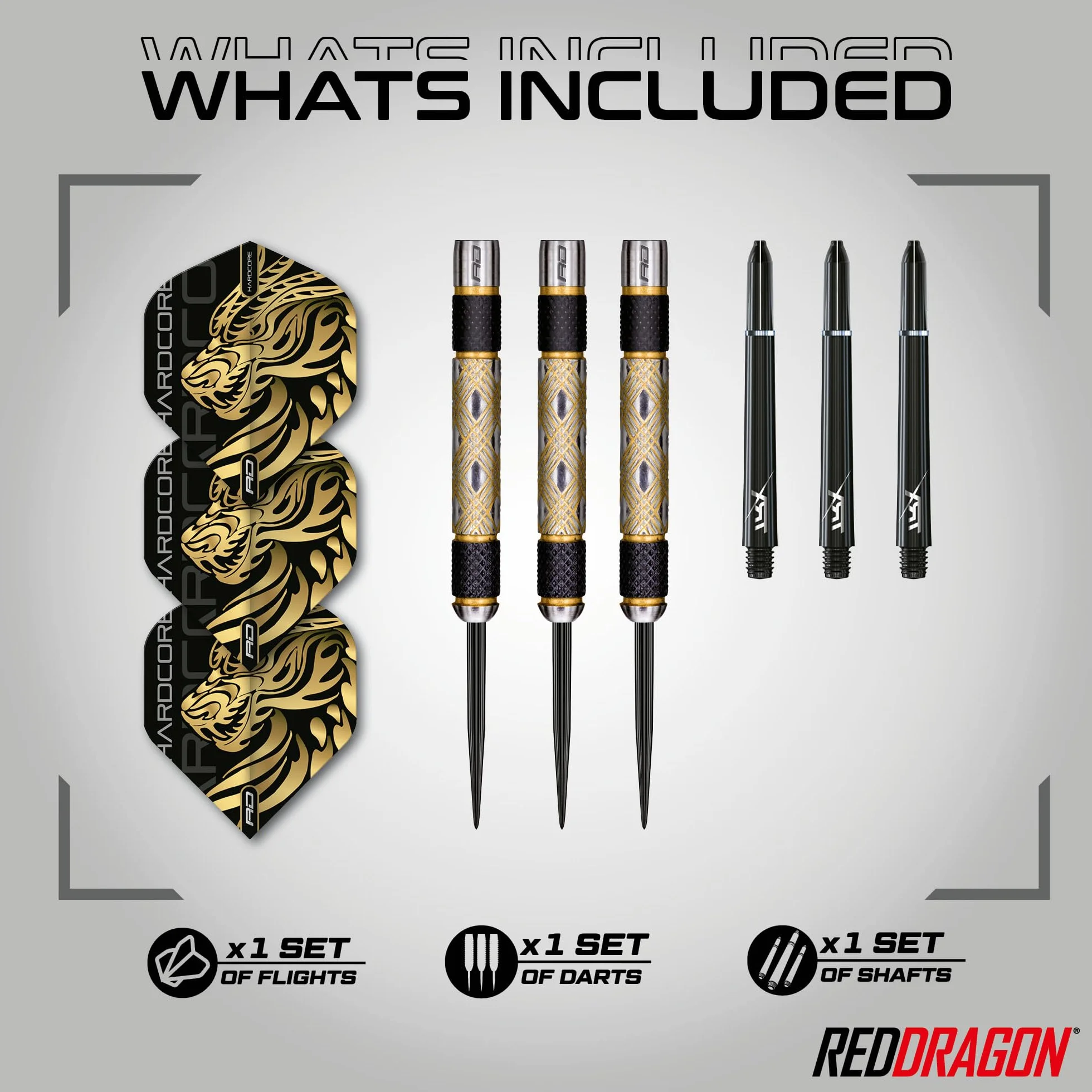 RED DRAGON - Golden Eyes- 22g, 24g, 26g, 28g, 30g, 32g Profesjonalny zestaw lotek z 85% wolframu z lotkami i trzonkami