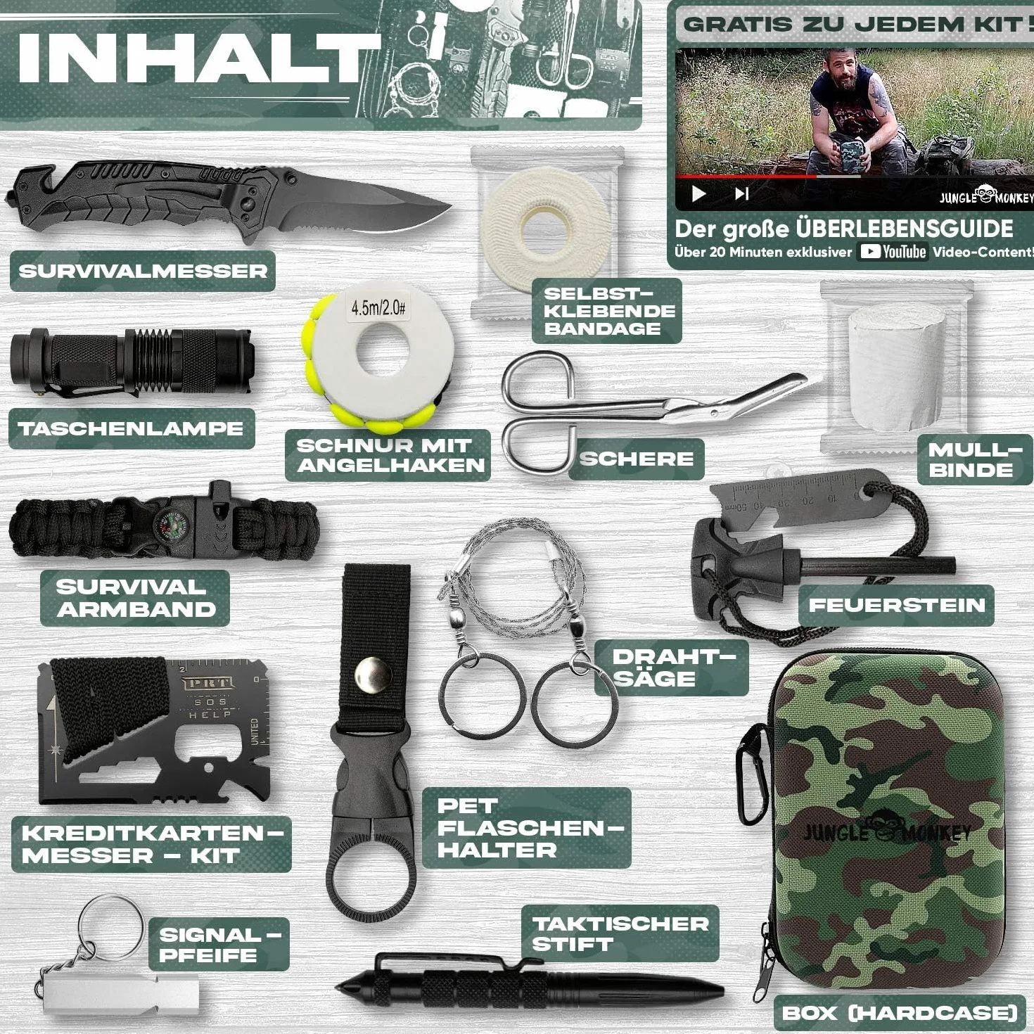 Jungle Monkey® Zestaw survivalowy – zestaw premium 17 w 1 z nożem i latarką – wyposażenie outdoorowe na wędrówki i kemping – zestaw survivalowy – wyposażenie ratunkowe w sytuacjach awaryjnych
