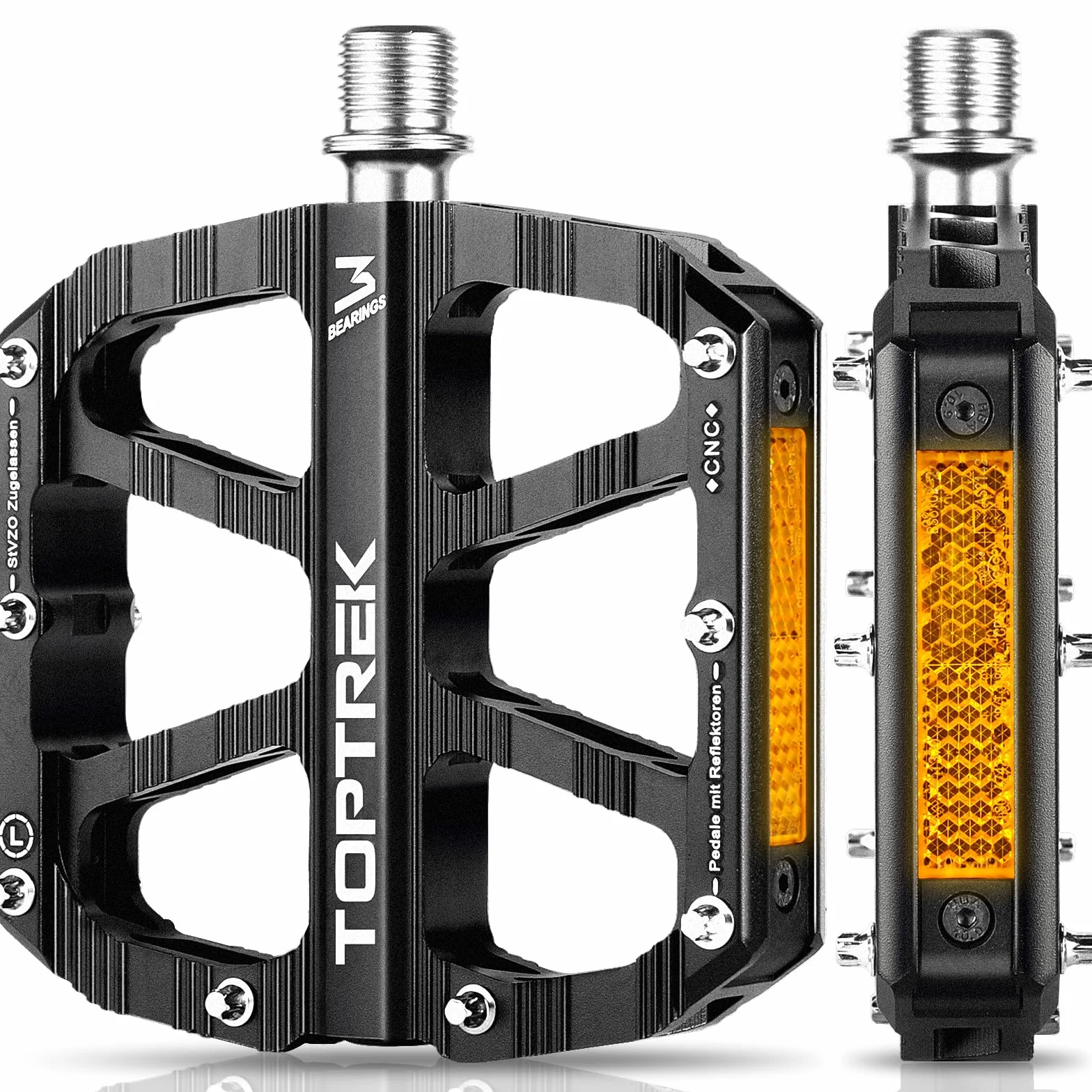 toptrek Pedały rowerowe z reflektorami dopuszczonymi do ruchu drogowego (obowiązują przepisy lokalne) CNC, aluminiowe, antypoślizgowe, z 3 uszczelnionymi łożyskami, do rowerów górskich, BMX, rowerów