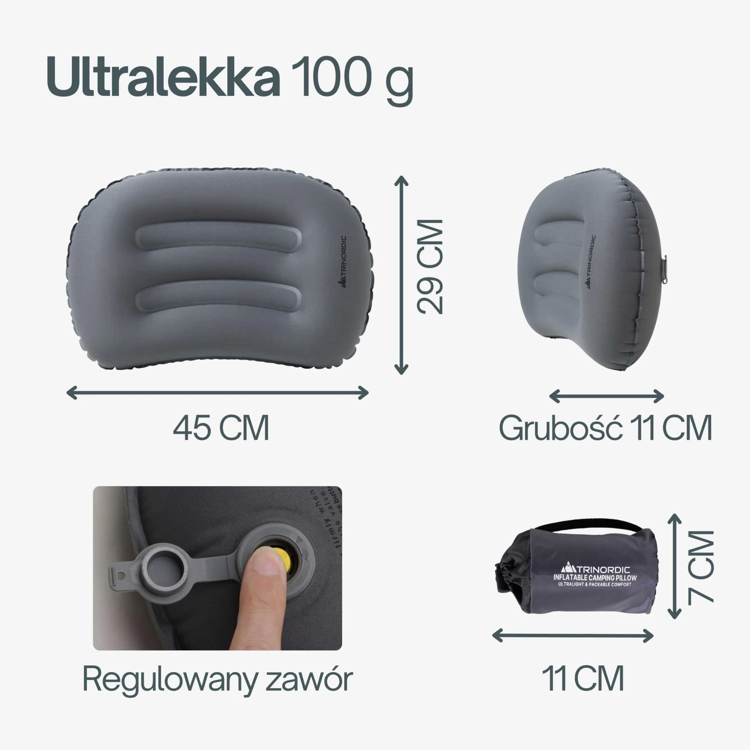 Trinordic Ultralekka Nadmuchiwana Poduszka Campingowa – 90g, Miękka, z Regulowanym Zaworem
