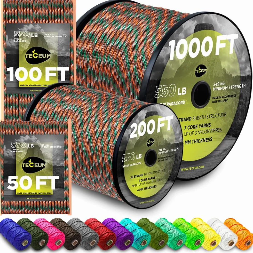 TECEUM Paracord Type III 550 Mixed Camo – 60 m – 4 mm – lina taktyczna MIL-SPEC – linka outdoorowa, sprzęt i sprzęt wędkarski – linka spadochronowa EDC – mocna lina survivalowa 766