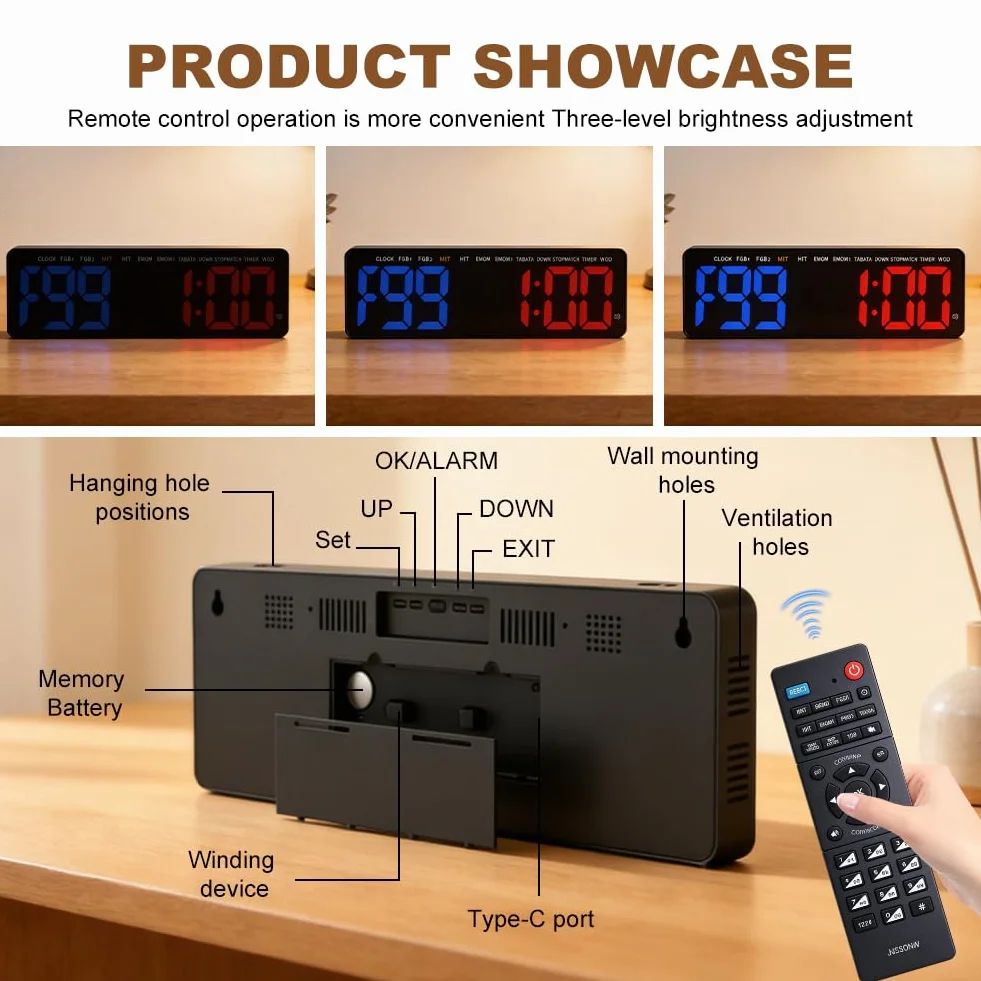 Siłownia timer, timer interwałowy z odliczaniem / up, stoper, duży, 16,5" LED, cyfrowy zegar ścienny do treningu fitness, HIIT, Tabata, domu, garażu