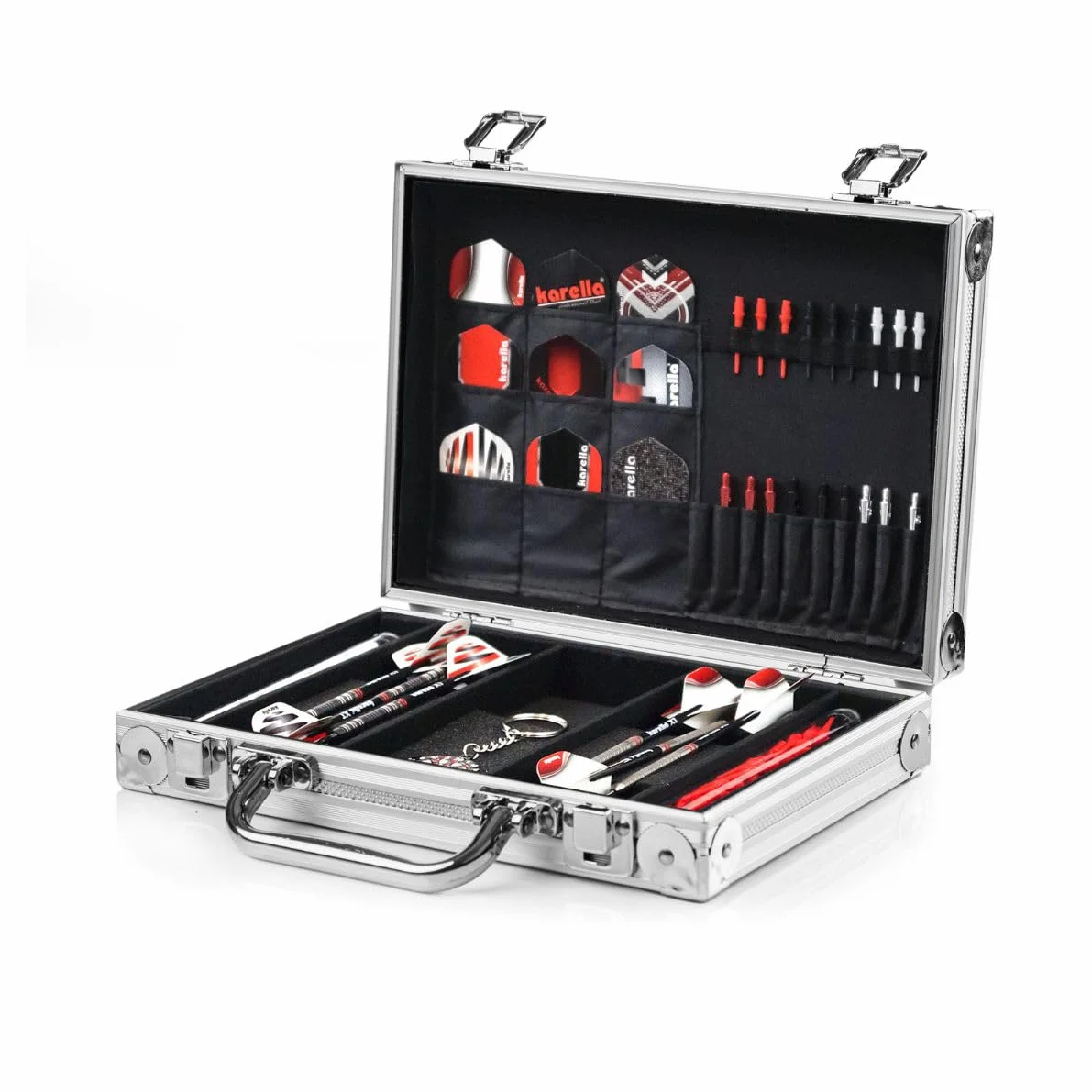 Karella Walizka aluminiowa PAK Luxus, High Class Profi etui na 2 zestawy rzutek miękkich lub stalowych, duża torba, z dużą ilością miejsca na rzutki i akcesoria, w kolorze srebrnym, czarnym i w wersji