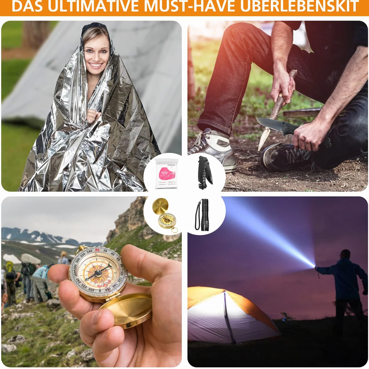 Zestaw survivalowy do użytku na zewnątrz, z wielofunkcyjnymi narzędziami, z siekierą, składaną łopatą, kocem ratunkowym, kompasem, dla mężczyzn, na kemping, przygodę, wędrówki, czarny