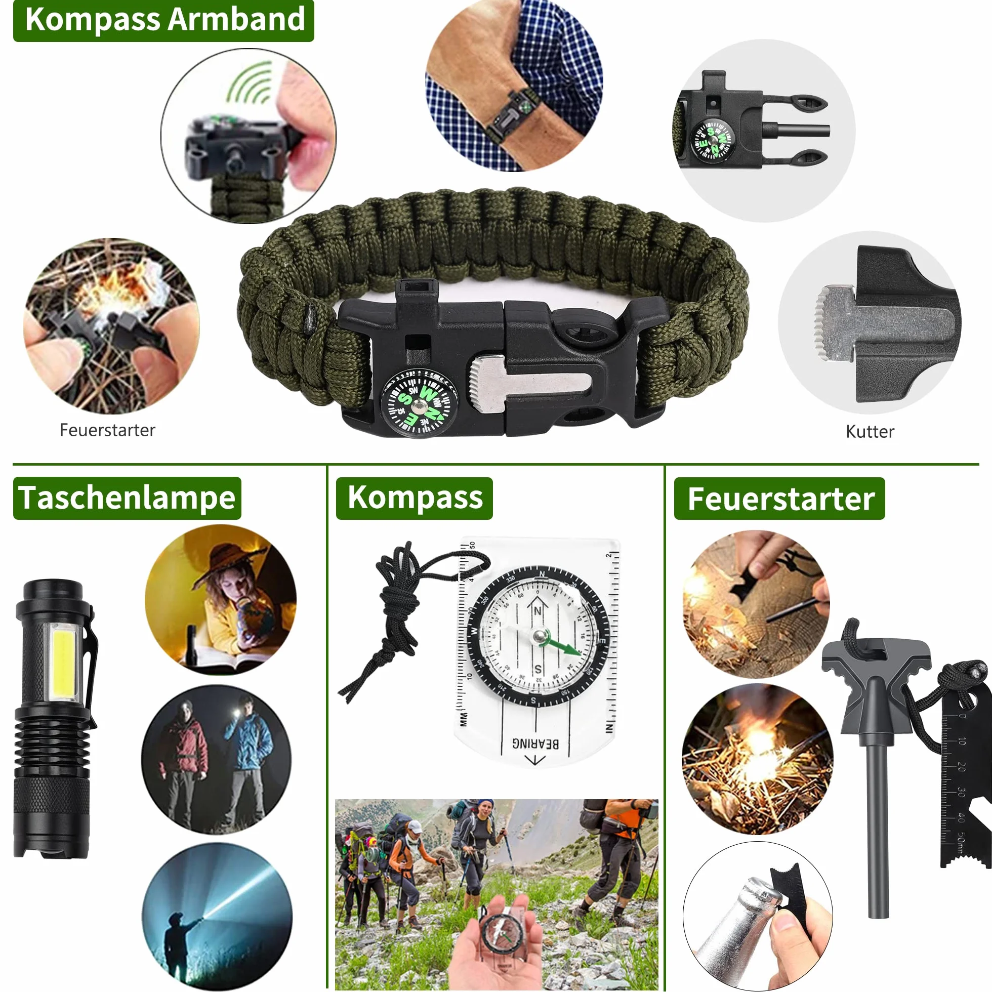 FINIBO Zestaw survivalowy 21 w 1, wyposażenie outdoorowe, zestaw awaryjny z kompasem, latarka taktyczna i inne akcesoria, na kemping, do bushcraftu, wędrówek, polowań, przygód, czarny, 20,6 x 12,8 x