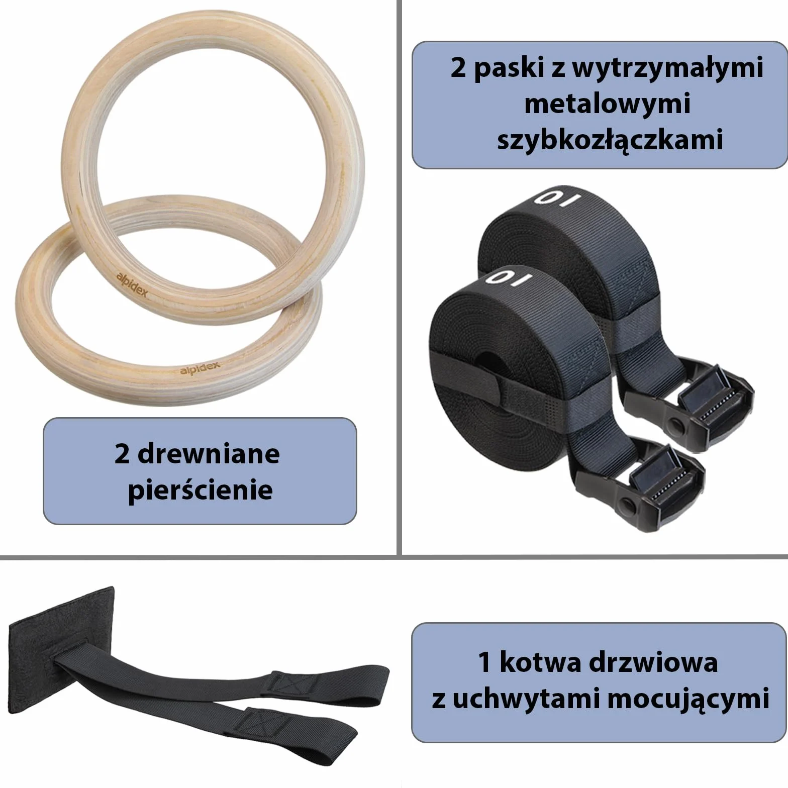 ALPIDEX Pierścienie gimnastyczne drewniane kółka obręcze kotwy do drzwi pasy mocujące z oznaczeniami długości trening ABS | e-book w zestawie