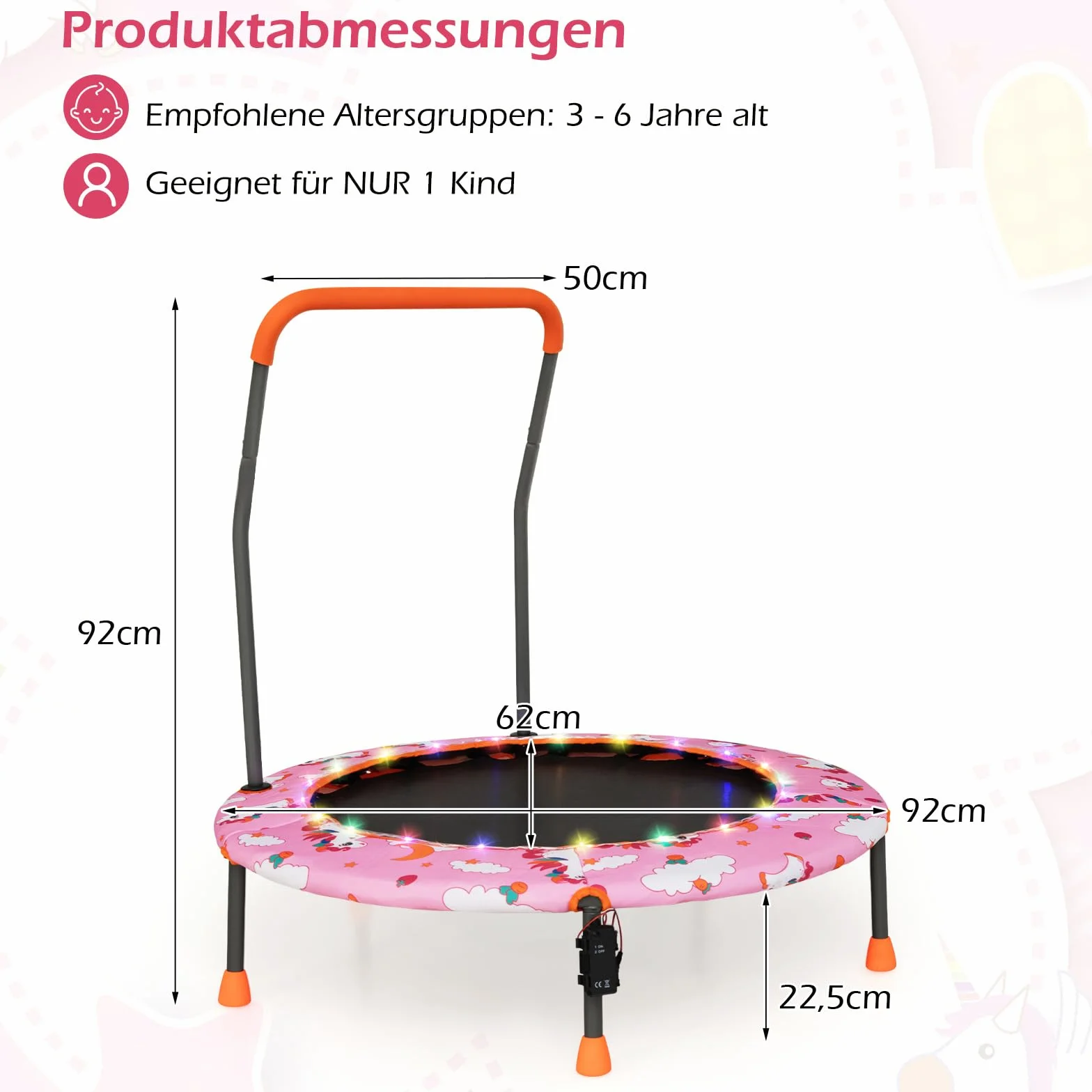 COSTWAY Trampolina dla dzieci o średnicy 92 cm, mini trampolina z oświetleniem LED i zdejmowanym uchwytem, trampolina fitness, trampolina ogrodowa, do użytku wewnątrz i na zewnątrz, dla dzieci w wieku