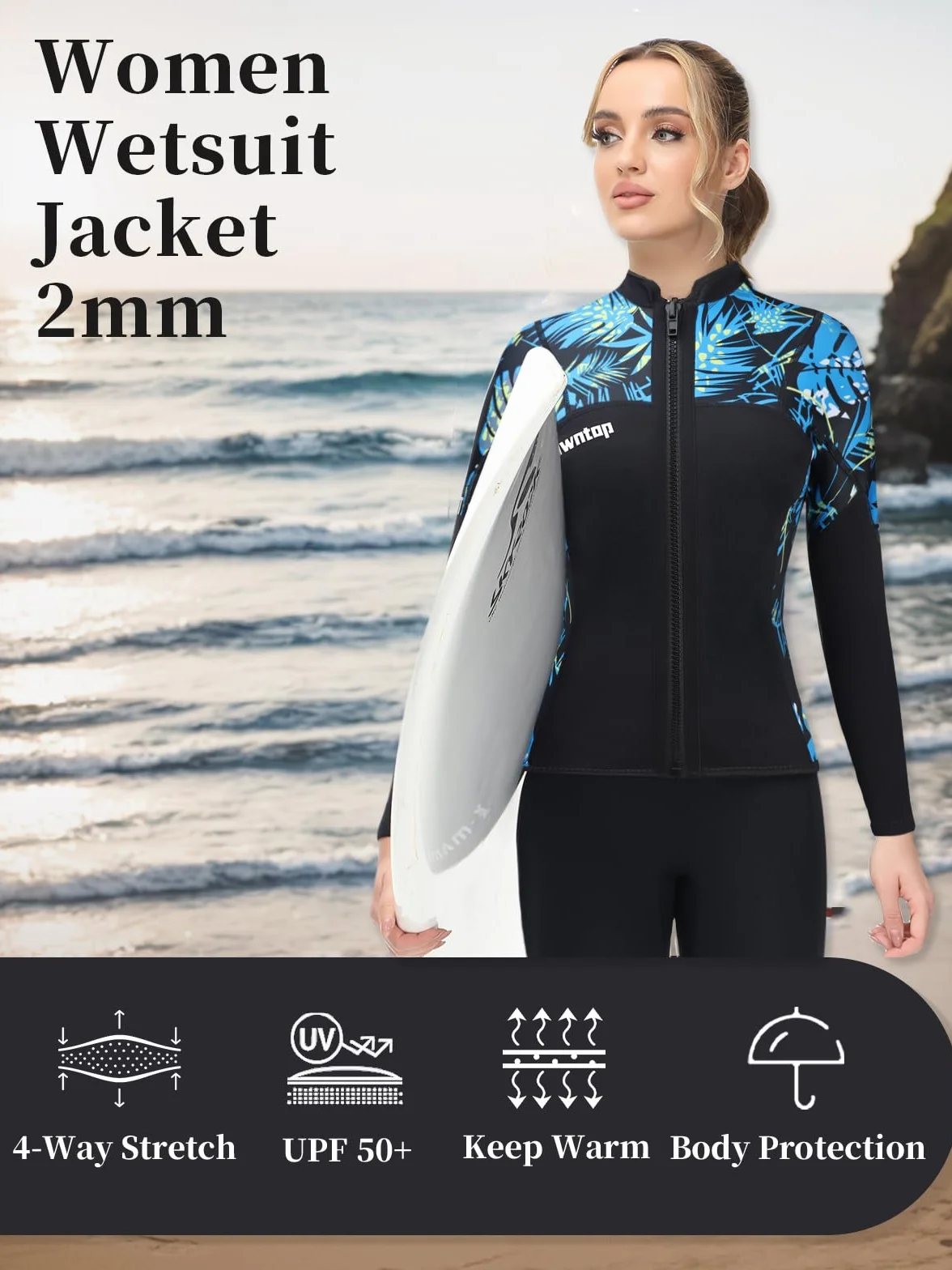 Owntop Kurtka z Mokradła dla Mężczyzn/Kobiet - 2mm Neoprenowa Wetsuit Top z Długim Rękawem z Przodu na Zamek do Nurkowania Surfingu Snorkelingu Pływania