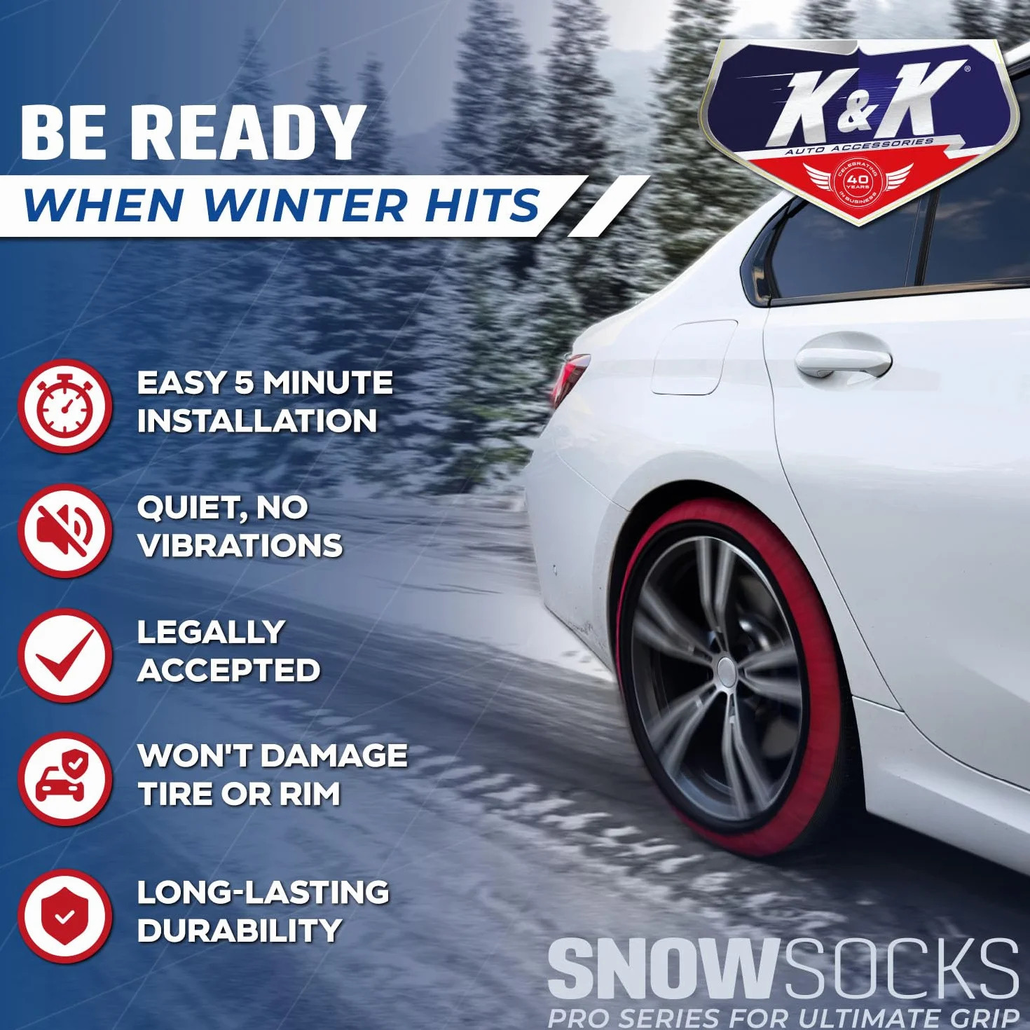 K&K Auto Accessories Snow Socks for Tires - Pro Series for Ultimate Grip Alternative for Tire Snow Chain - Snow Traction Device for Passenger Cars SUVs Trucks Winter Emergency Accessory (Medium)