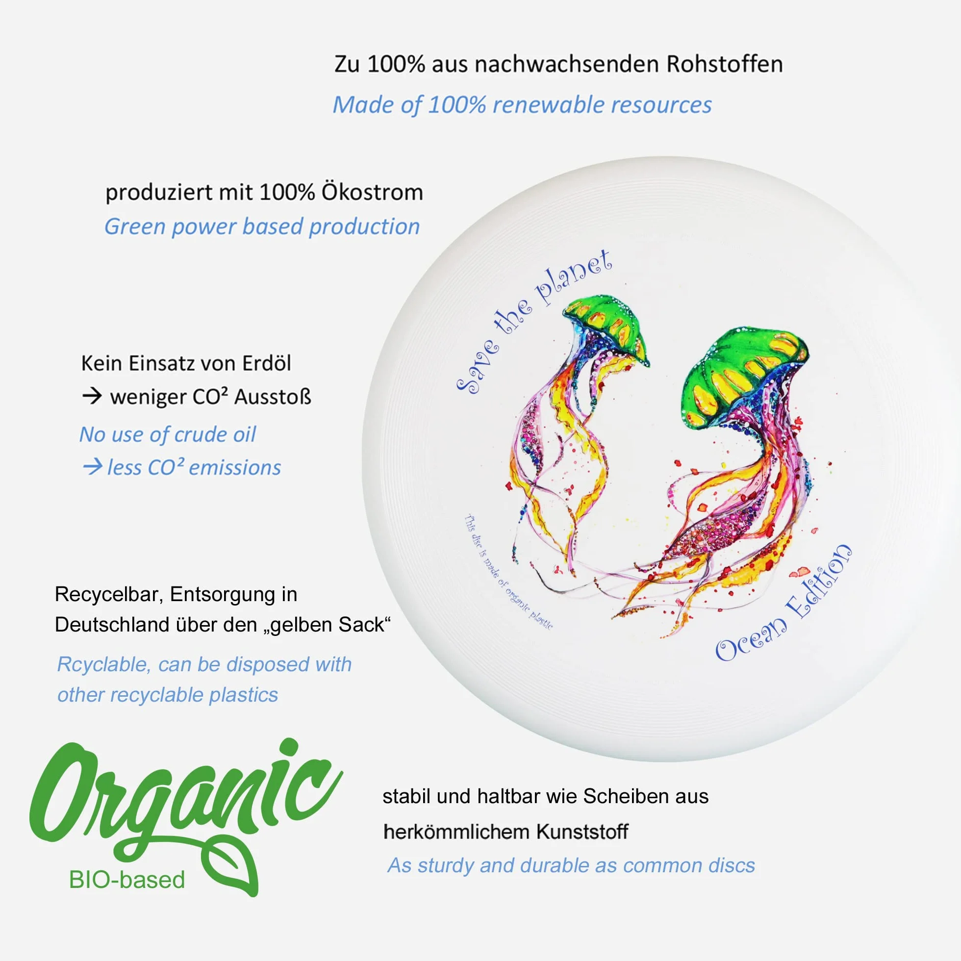 Eurodisc 175g Ultimate Frisbee Disc Wettkampf-Wurf-Scheibe Bio-Kunststoff stabile Flugbahn über 100 Meter, Design Motiv Foto Bild Save The Planet Jellyfish, Ocean Ozean Edition