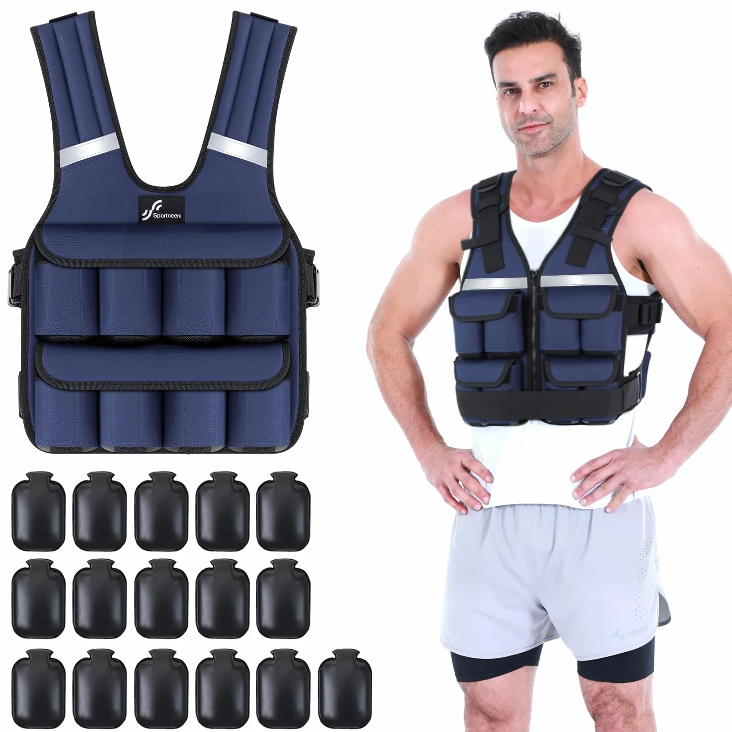Sportneer Regulowana kamizelka obciążeniowa 0,9-8 kg/0,9-13,6 kg, szybko regulowana kamizelka do biegania 9 w 1, dla mężczyzn i kobiet, trening siłowy, kalistenika i siłownia, kamizelka obciążeniowa