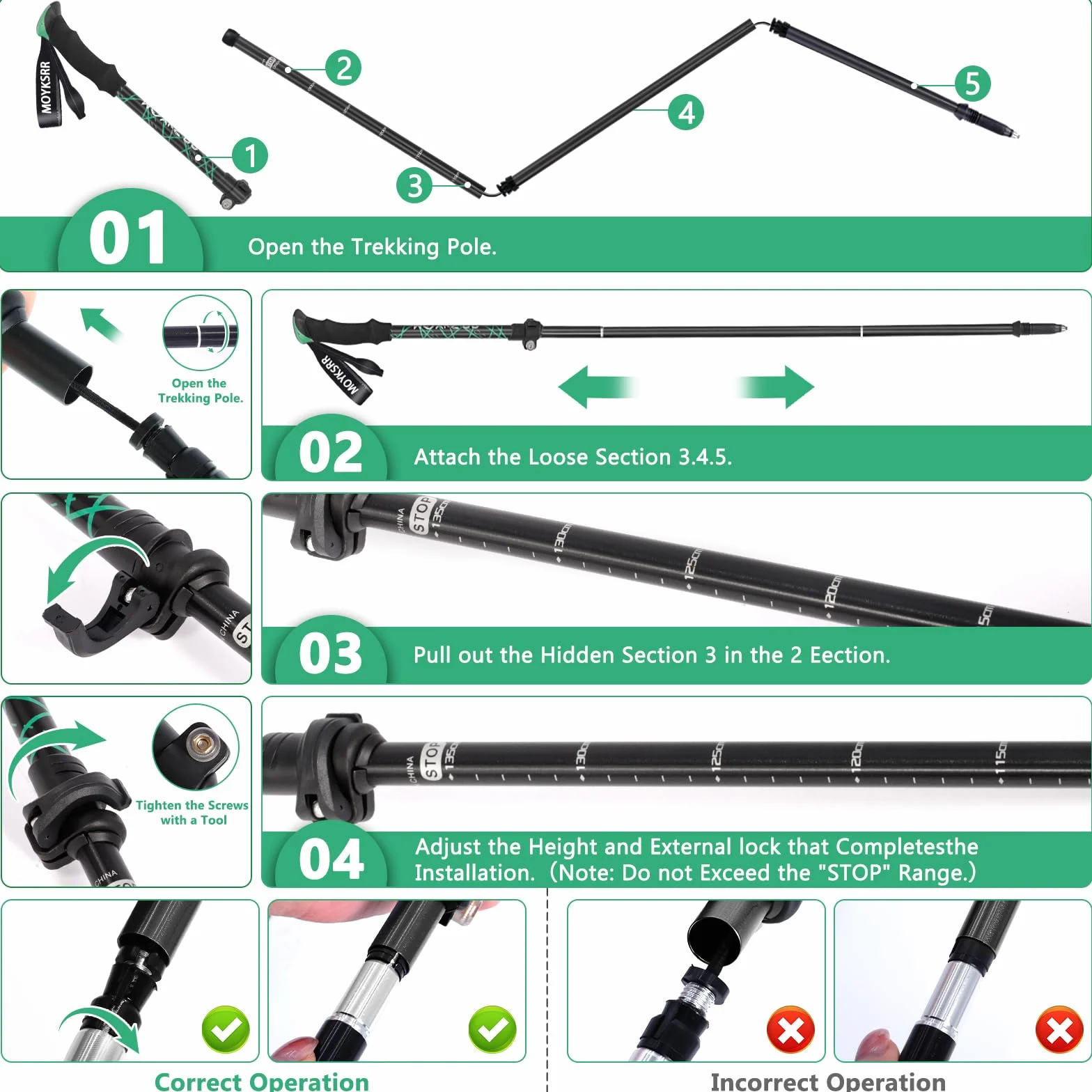 MOYKSRR Trekkingowe, teleskopowe kijka, kijki z włókna węglowego i aluminium, skladane, regulowane 108-135 cm, zamknięcie zaciskowe