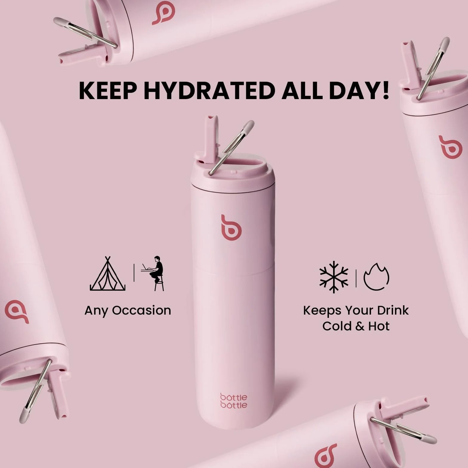 BOTTLE BOTTLE Butelka termiczna 750 ml ze stali nierdzewnej ze słomką i zakrętką – szczelna, bez BPA – do szkoły, podróży, fitness (pastelowy różowy)