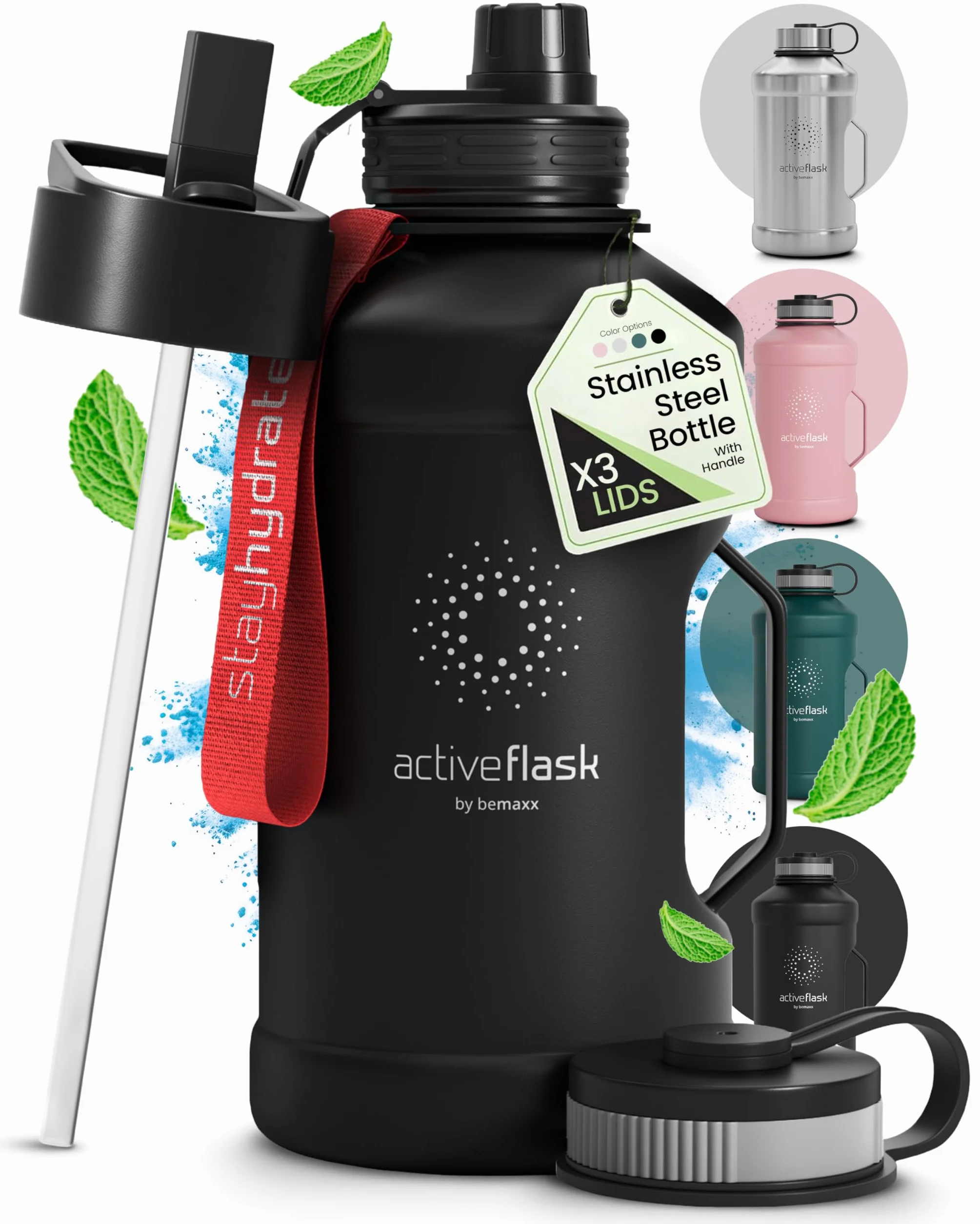 Butelka do picia ze stali nierdzewnej ACTIVE FLASK + Słomka (3 pokrywy) | Duża 1,3/2,2 Litrowa Sportowa bez BPA Nieprzeciekająca, 2l XL Sport Fitness Siłownia trening szczelna