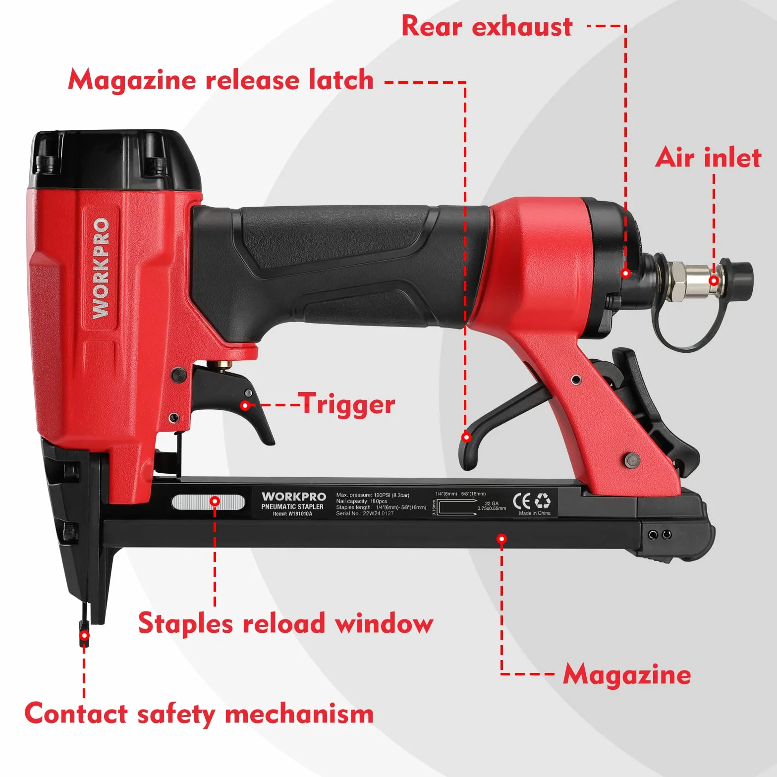 WORKPRO Zszywacz pneumatyczny pistolet 6-16 mm do mebli i drewna